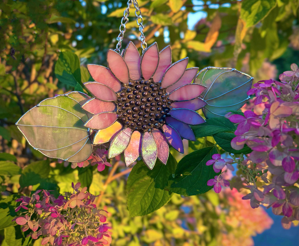 Delicate Pink Sunflower Stained Glass Sun catcher, Wall Art Decor ready