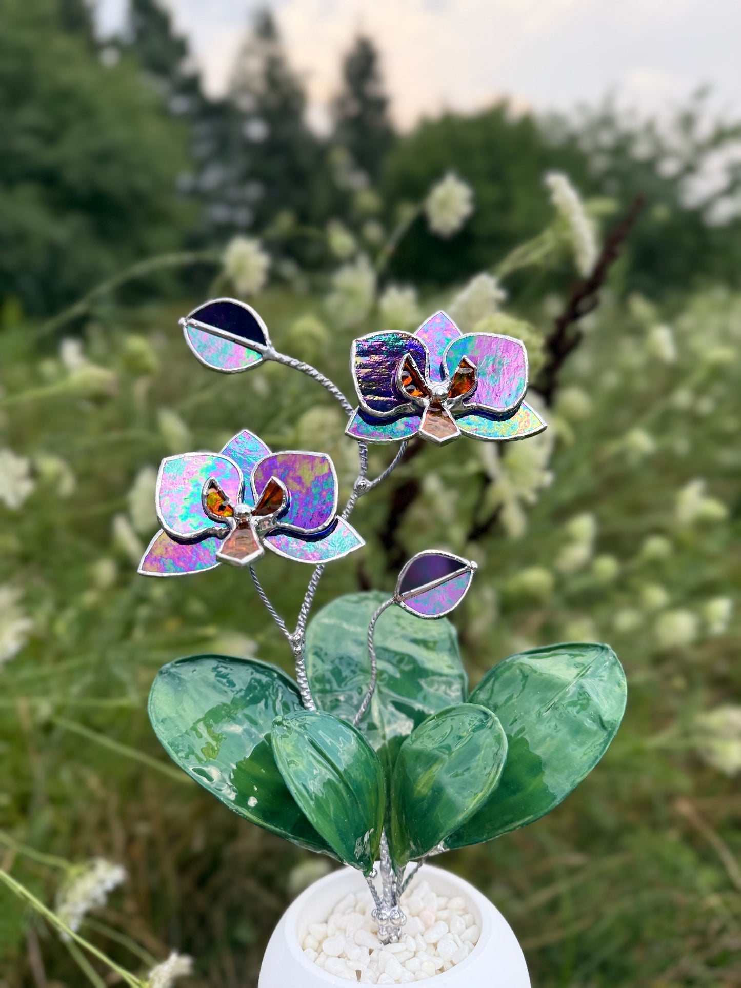 Orchid Indigo iridescent WITH RESIN Hand painted LEAVES Stained Glass 2 flowers in a Pot, Botanical Art Sculpture