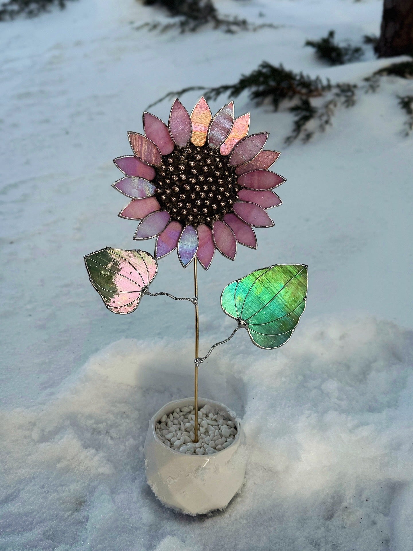 "  . Sunflower Delicate Pink irid ", stained glass tropical flower 3D, Sun catcher, Table plant decor, Garden stake, Outdoor and gardening, wedding Christmas gift