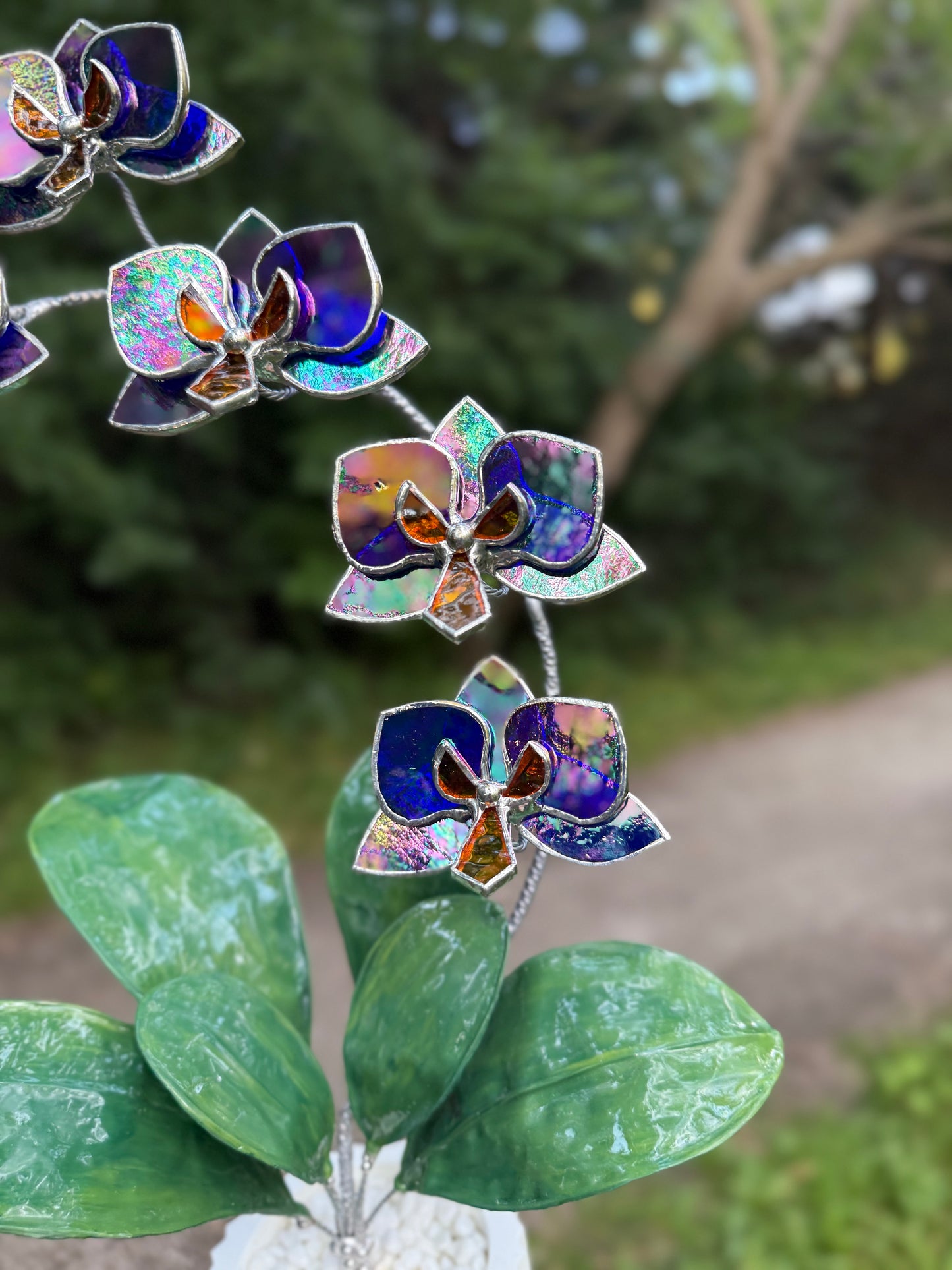 .Amethyst indigo Orchid, WITH RESIN LEAVES, 5 Flowers, Handmade Stained Glass Botanical Art Decor