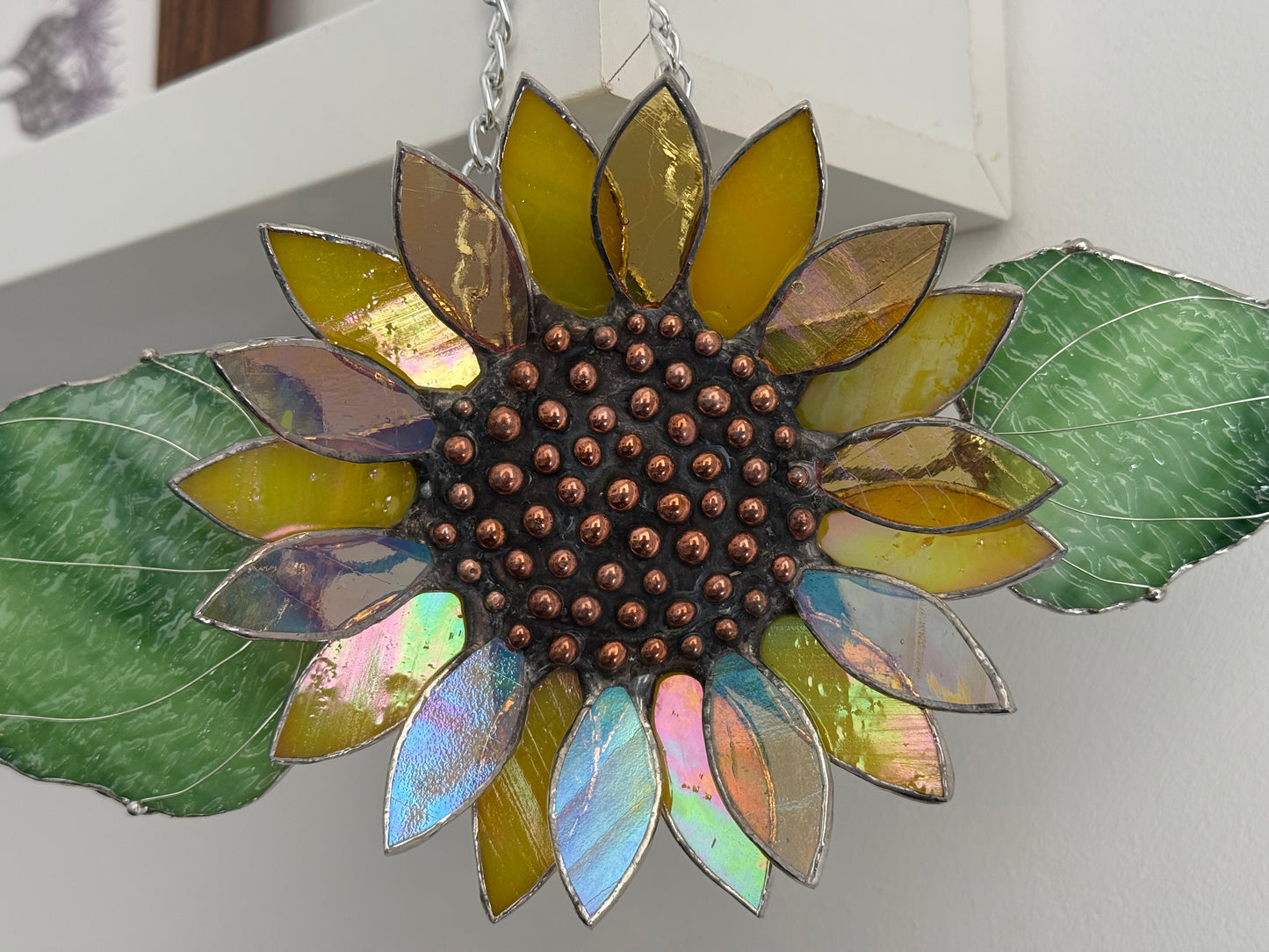 .Bright Yellow Sunflower Stained Glass Sun catcher, Wall Art Decor ready