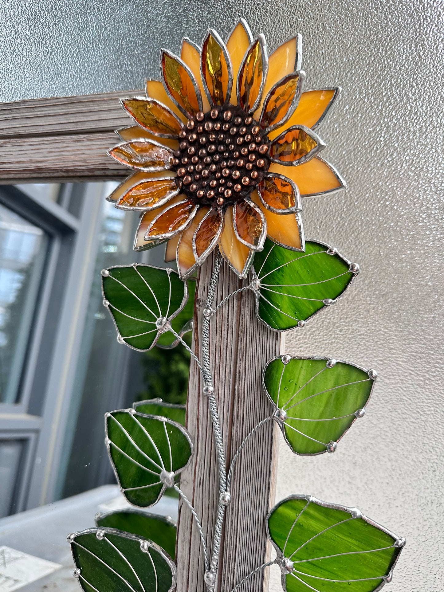 "Golden Sunflower" Stained glass flower Mirror, wall decor Art, Wedding, Christmas, gift Decoration Glass flowers Succulents