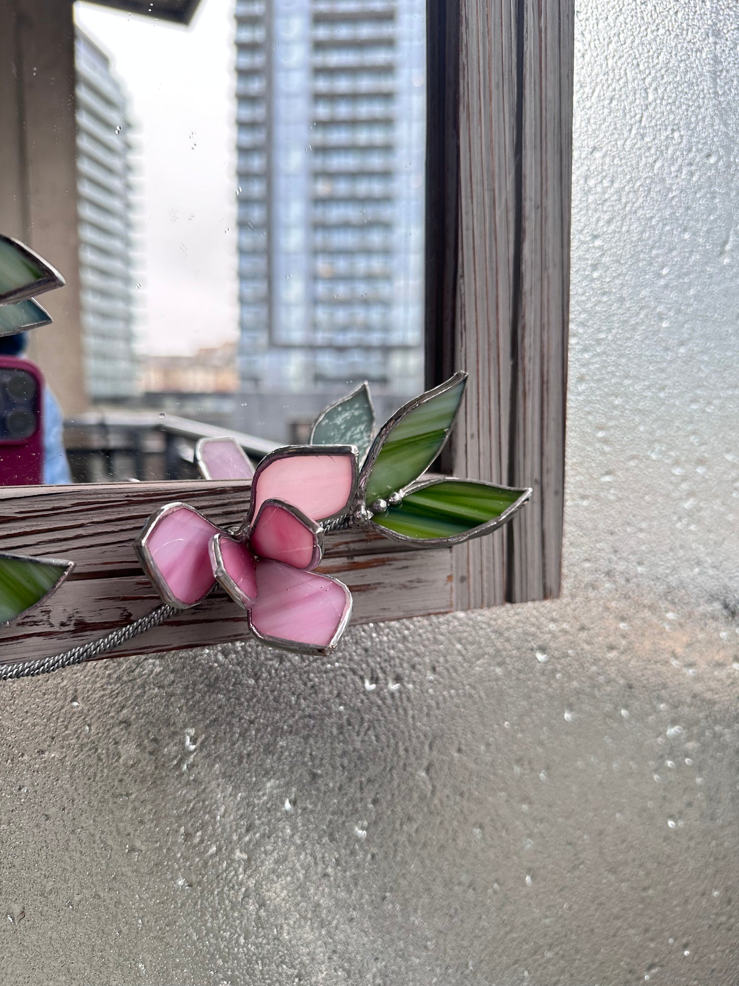 " . Flower Mirror Pink Magnolia, Stained glass Wedding Wall Decor Christmas gift, Suncatcher