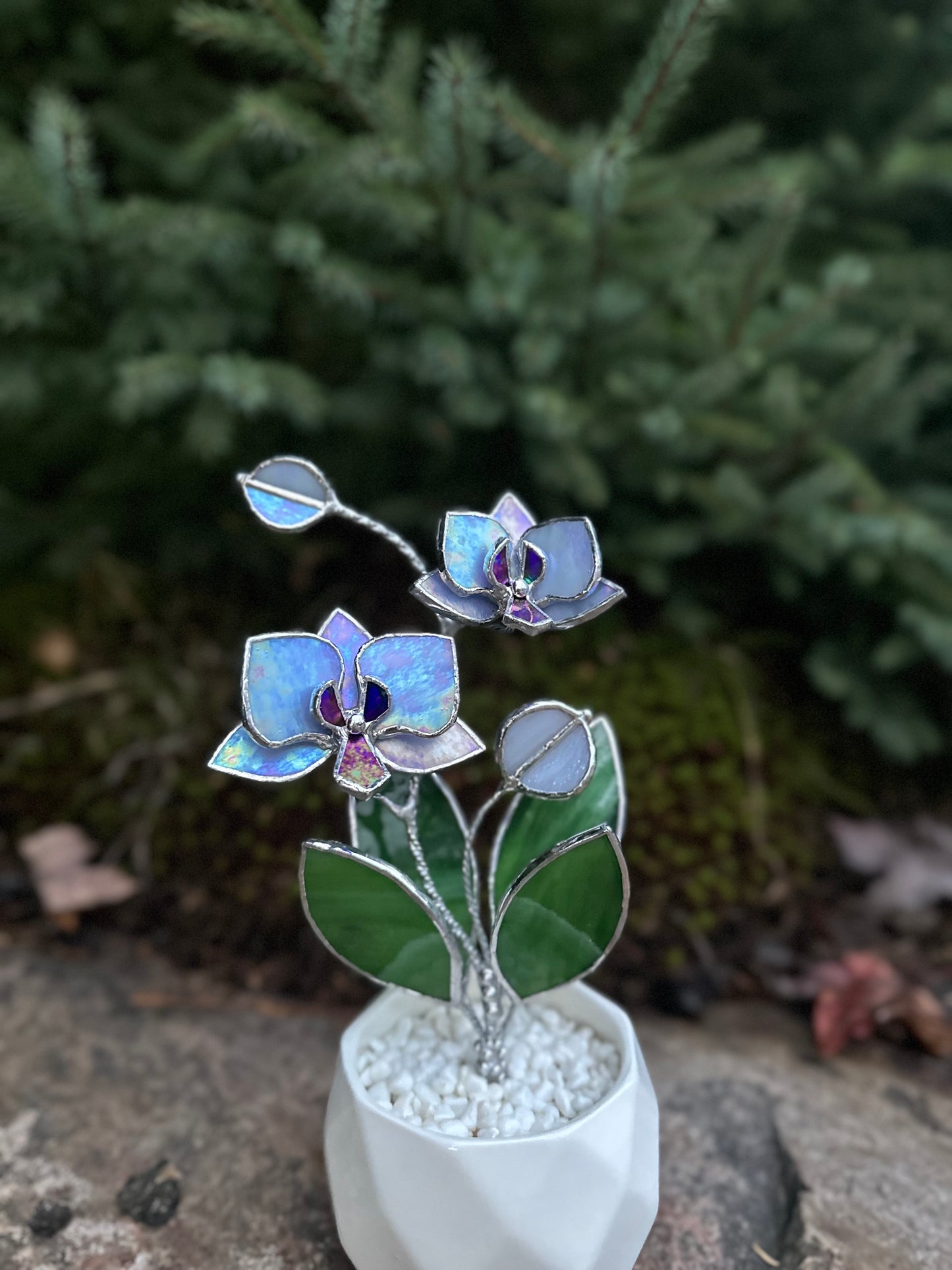 " . Lavender iridescent Orchid 2 flowers with pot” Stained glass tropical flower 3D, Sun catcher, Table plant decor, Garden stick, Outdoor and gardening decor