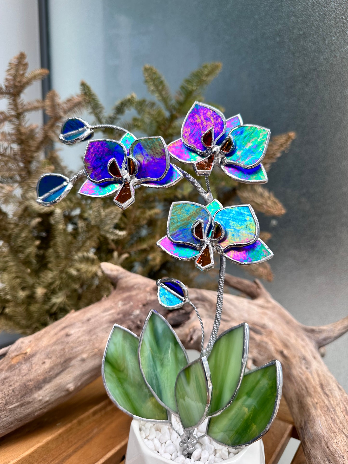 " .Indigo iridescent Orchid 3 flowers with pot” Stained glass tropical flower 3D, Sun catcher, Table plant, Garden stick, Outdoor and gardening decor