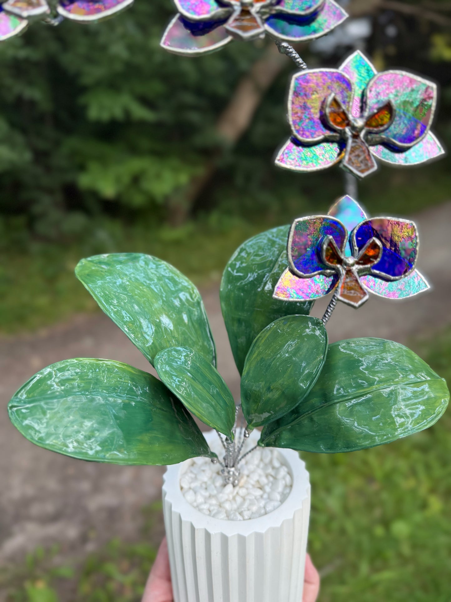 .Amethyst indigo Orchid, WITH RESIN LEAVES, 5 Flowers, Handmade Stained Glass Botanical Art Decor
