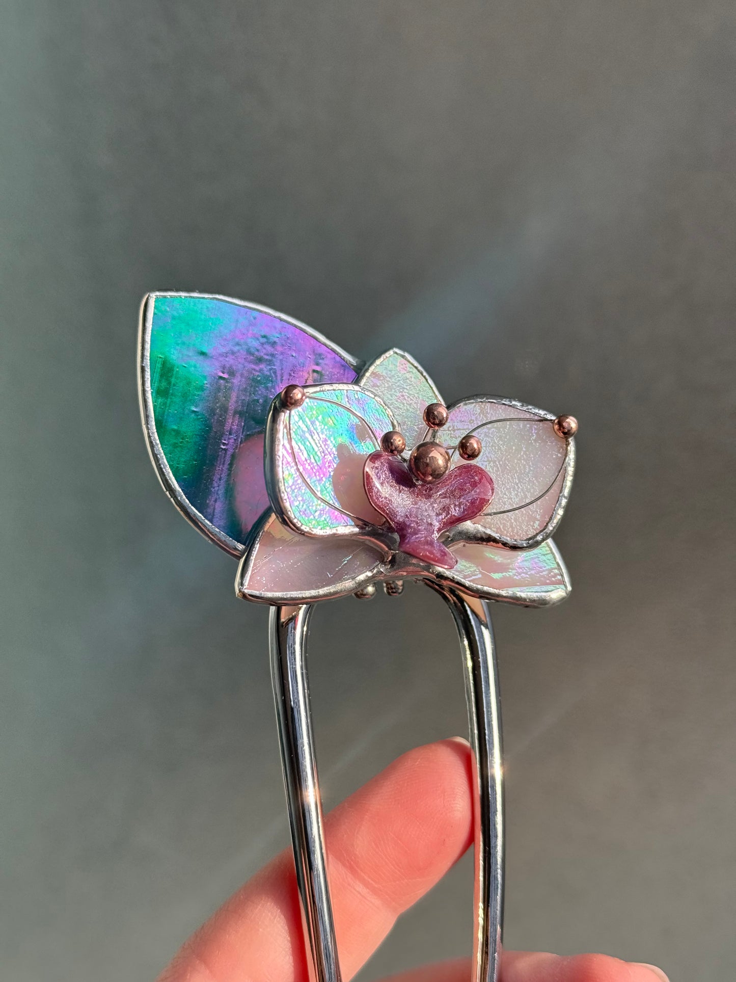 Hair Pin Stained Glass Orchid Flower CHOOSE COLOR Handmade Floral Accessories