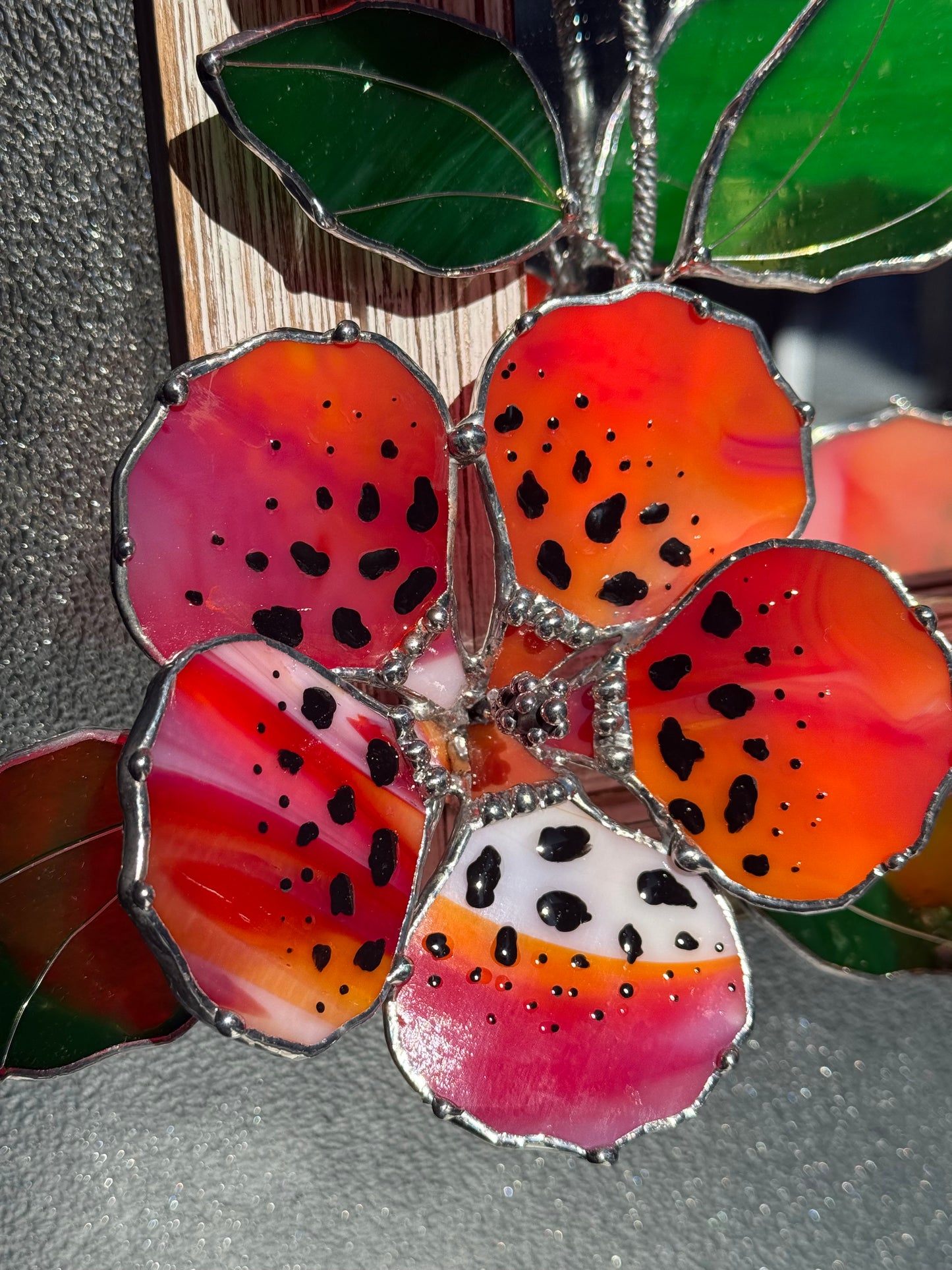 .Tiger Hibiscus Stained glass Wall Mirror, 3D Botanical Floral Art