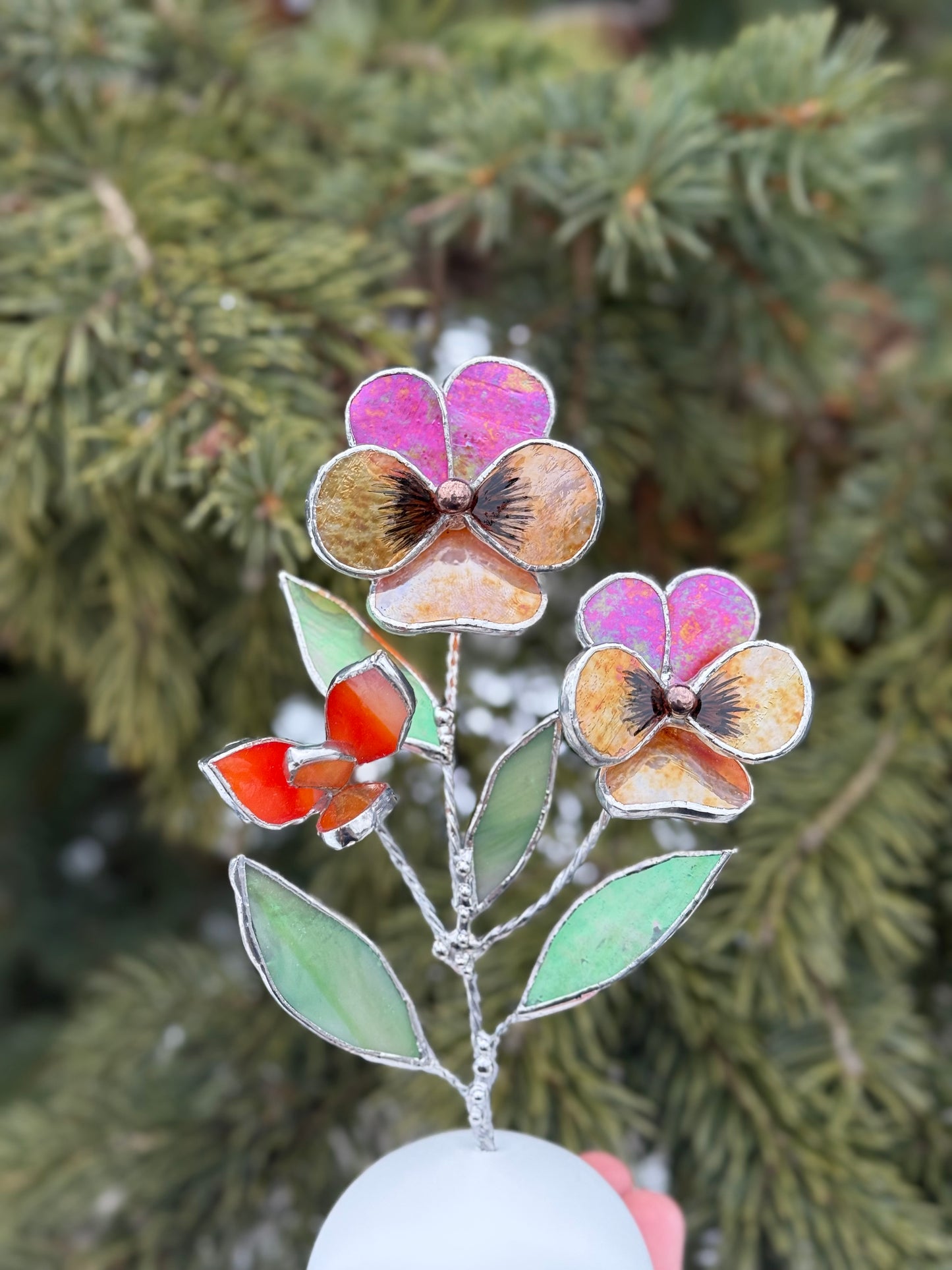 Pansy Flower Red & Orange, Stained Glass Botanical Art, Modern Decor ready