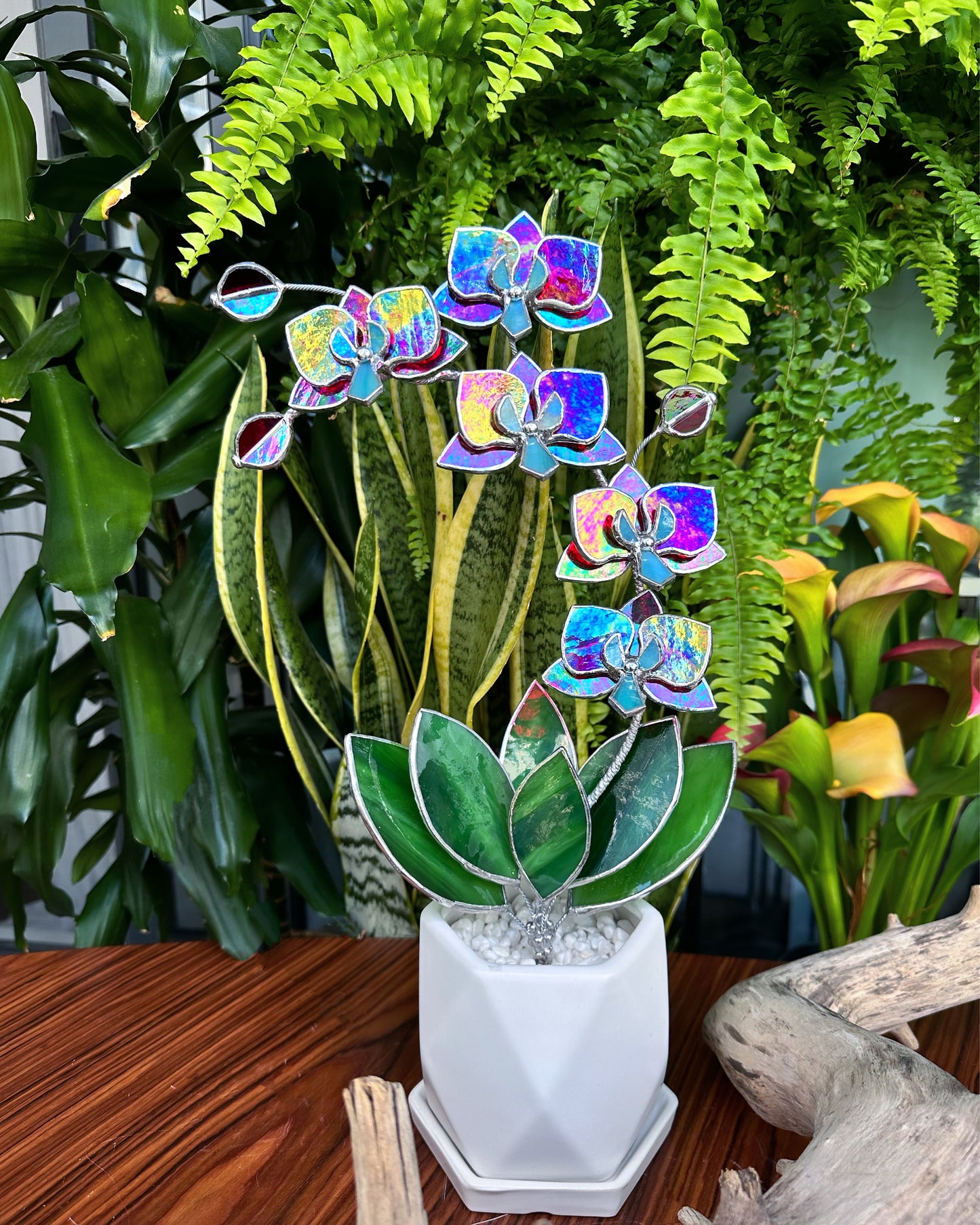 " . Red transparent iridescent Orchid 5 flowers with pot" Stained glass tropical flower 3D, Sun catcher, Table plant, Garden stick, wedding decor, Christmas gift