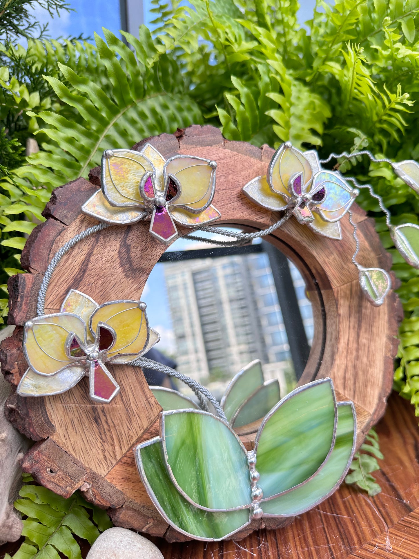 ". Yellow iridescent Orchid Mirror" Stained glass flower Wall decor.  Sun catcher Wooden frame Home wedding Decor Art. Christmas gift