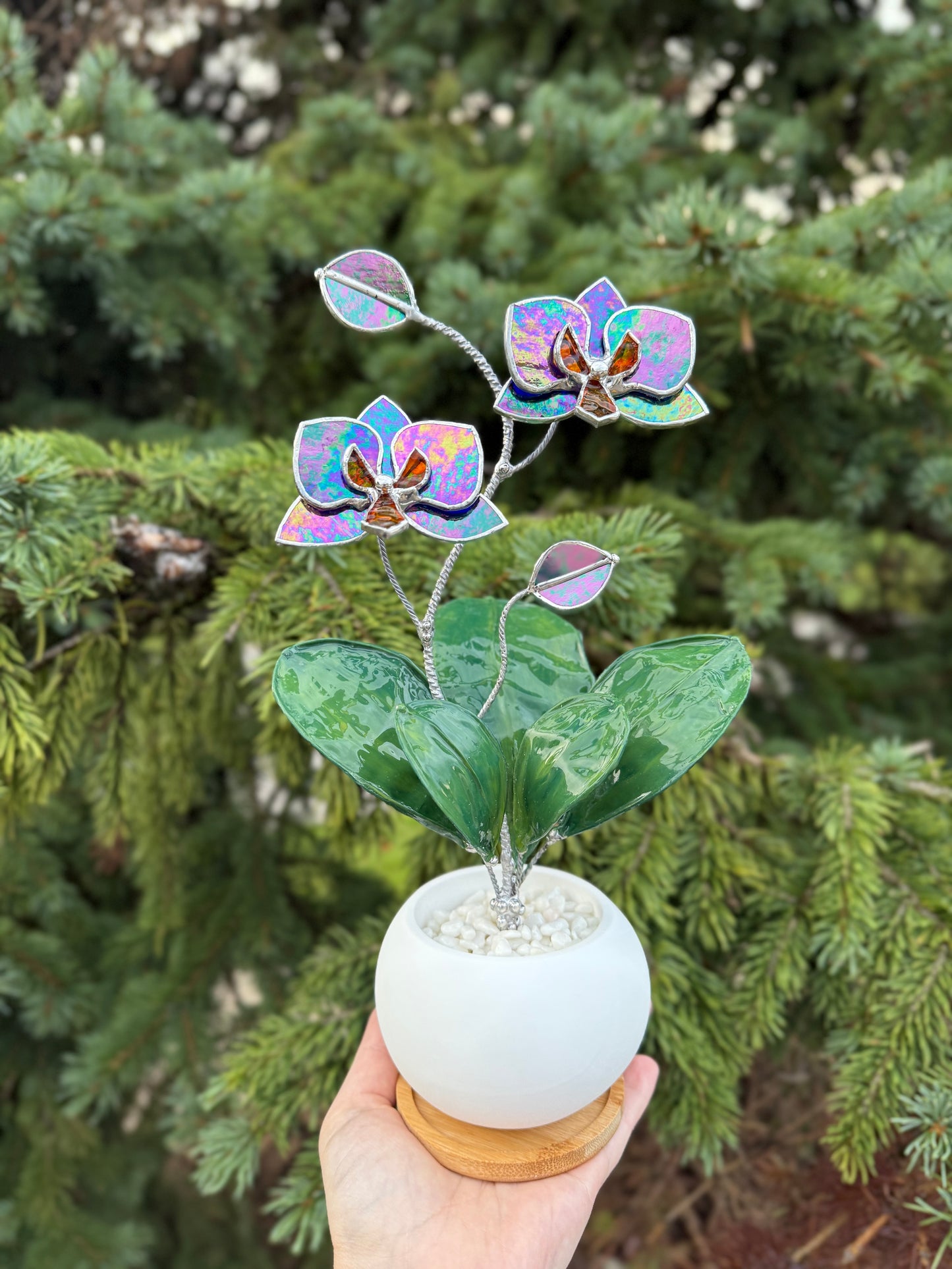 Orchid Indigo iridescent WITH RESIN Hand painted LEAVES Stained Glass 2 flowers in a Pot, Botanical Art Sculpture