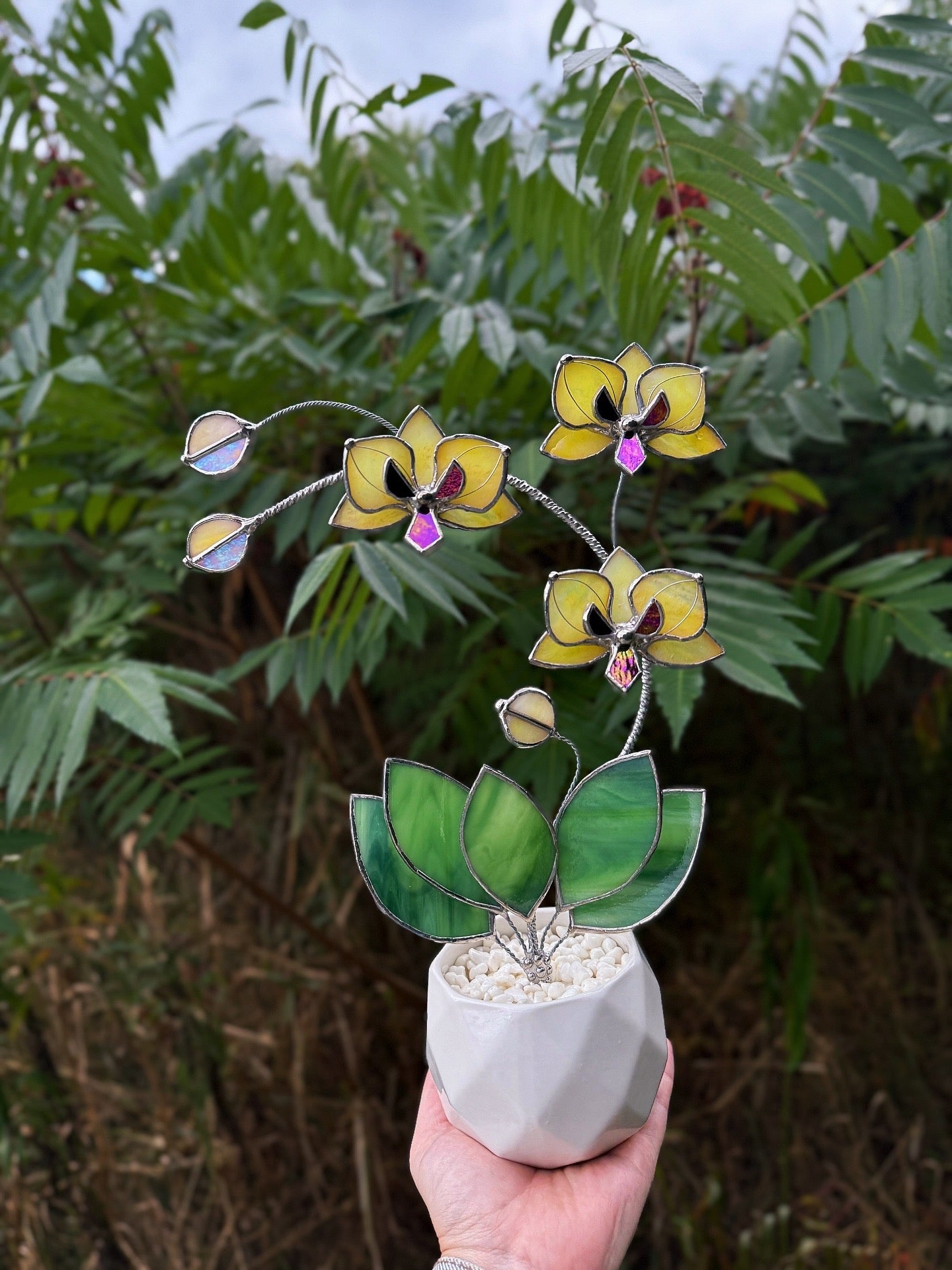 " . Lemon yellow iridescent Orchid 3 flowers with pot” Stained glass tropical flower 3D, Sun catcher, Table plant, Garden stick, Outdoor and gardening decor