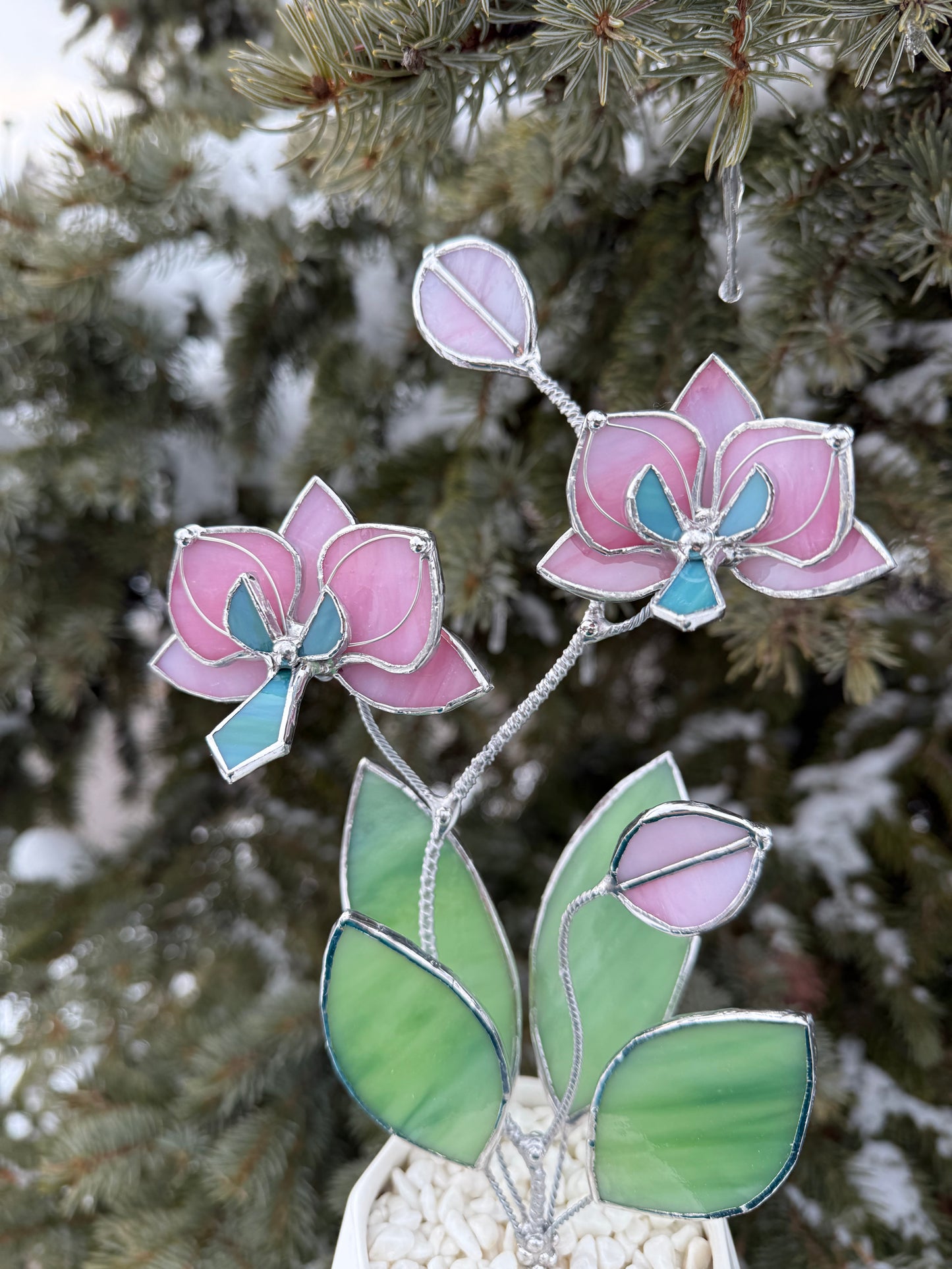 " . Bright Pink Orchid, 2 flowers with pot” Stained glass tropical flower 3D, Sun catcher, Table plant decor, Garden stick, Outdoor and gardening decor