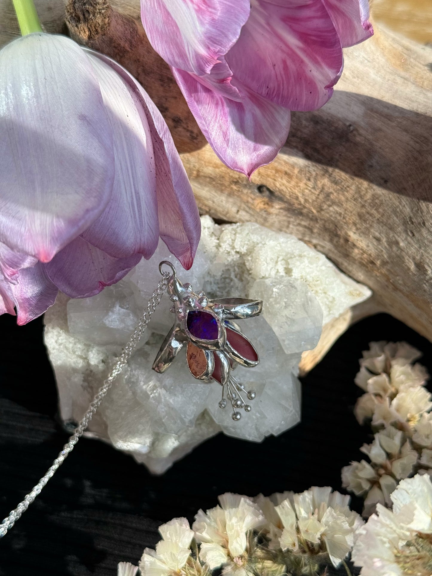 Fuchsia flower Necklace, LEAD FREE Stained glass modern art jewelry new