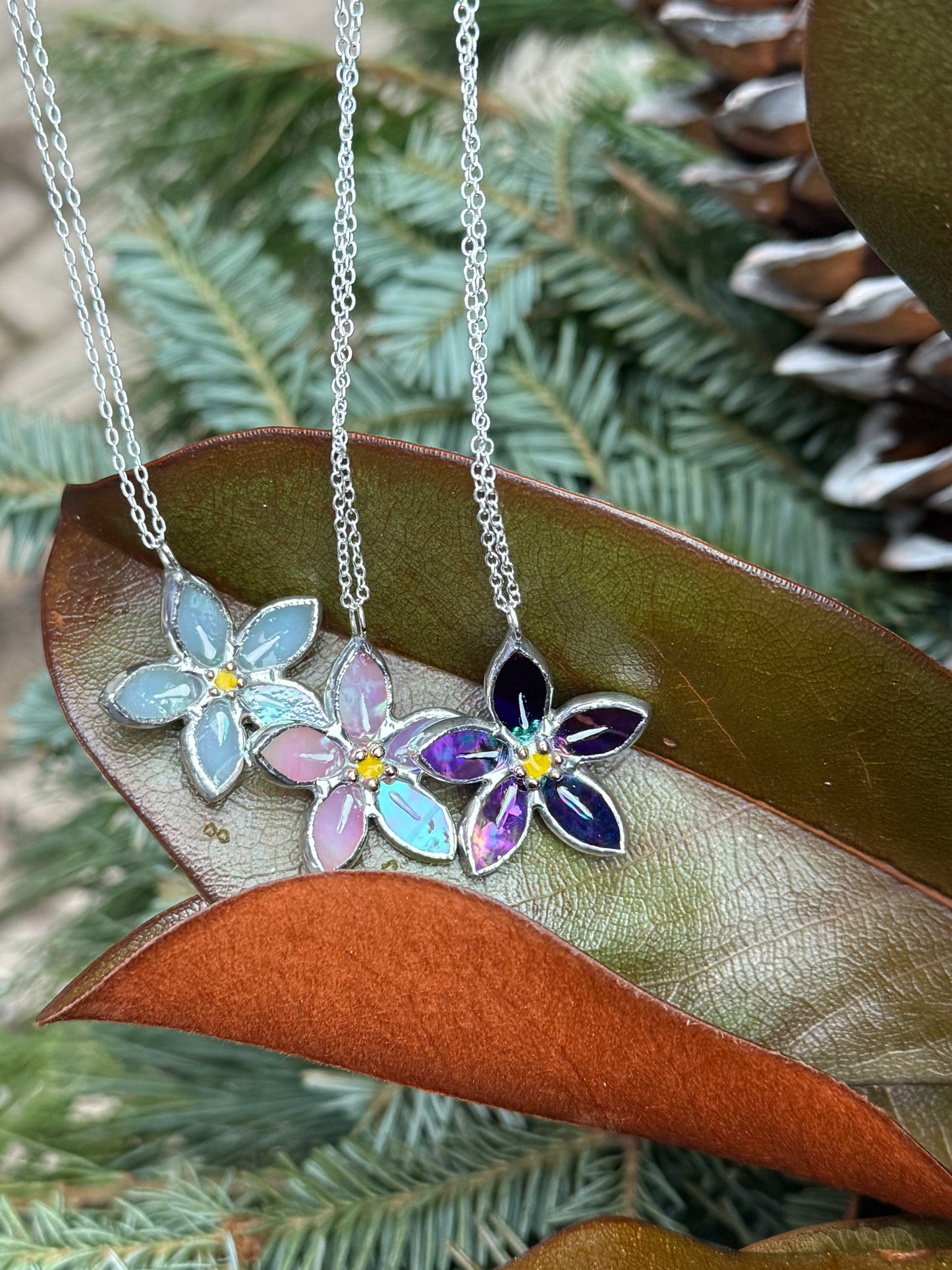 CHOOSE COLOR Necklace Stained glass Forget Me Not flower, Modern jewelry