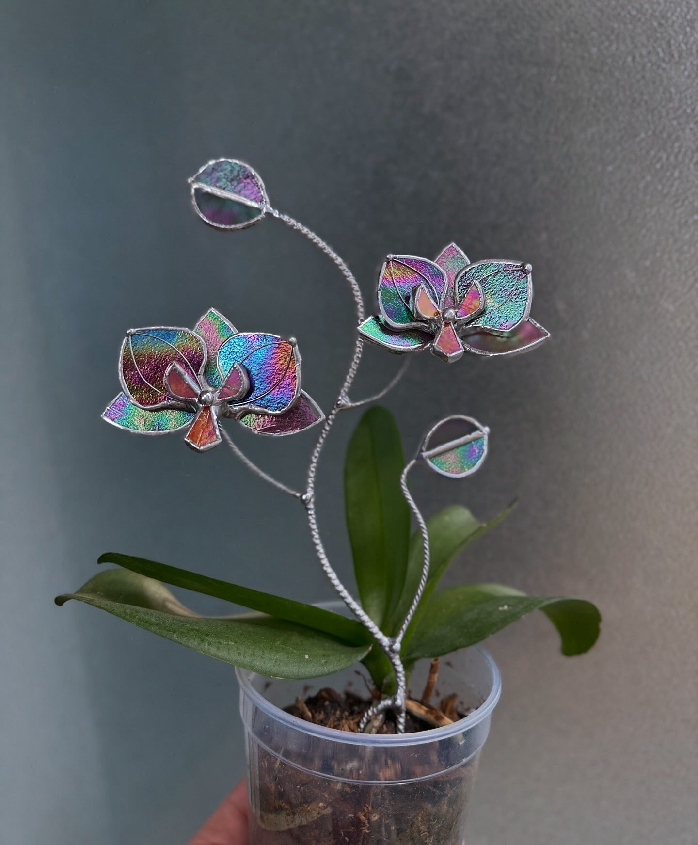 " . Mauve irid Orchid flower stick, Plant stake 2 flowers no pot” Stained glass tropical flower 3D, Sun catcher, Table plant, Garden stick, Outdoor and gardening decor