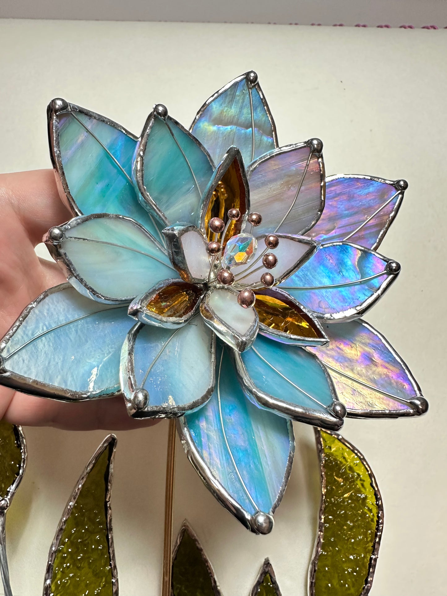 ".Lily Sky Blue & Lavender iridescent " Stained glass tropical flower 3D, Sun catcher, Table plant decor, Garden stake, wedding decor, Christmas gift