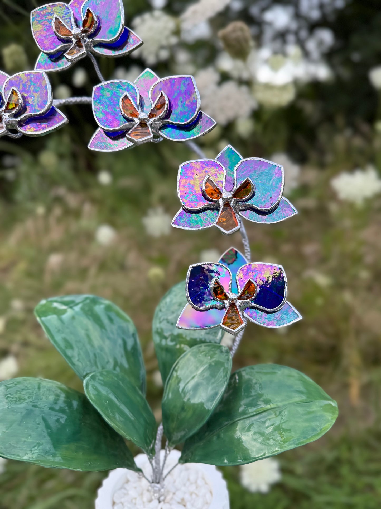 .Amethyst indigo Orchid, WITH RESIN LEAVES, 5 Flowers, Handmade Stained Glass Botanical Art Decor