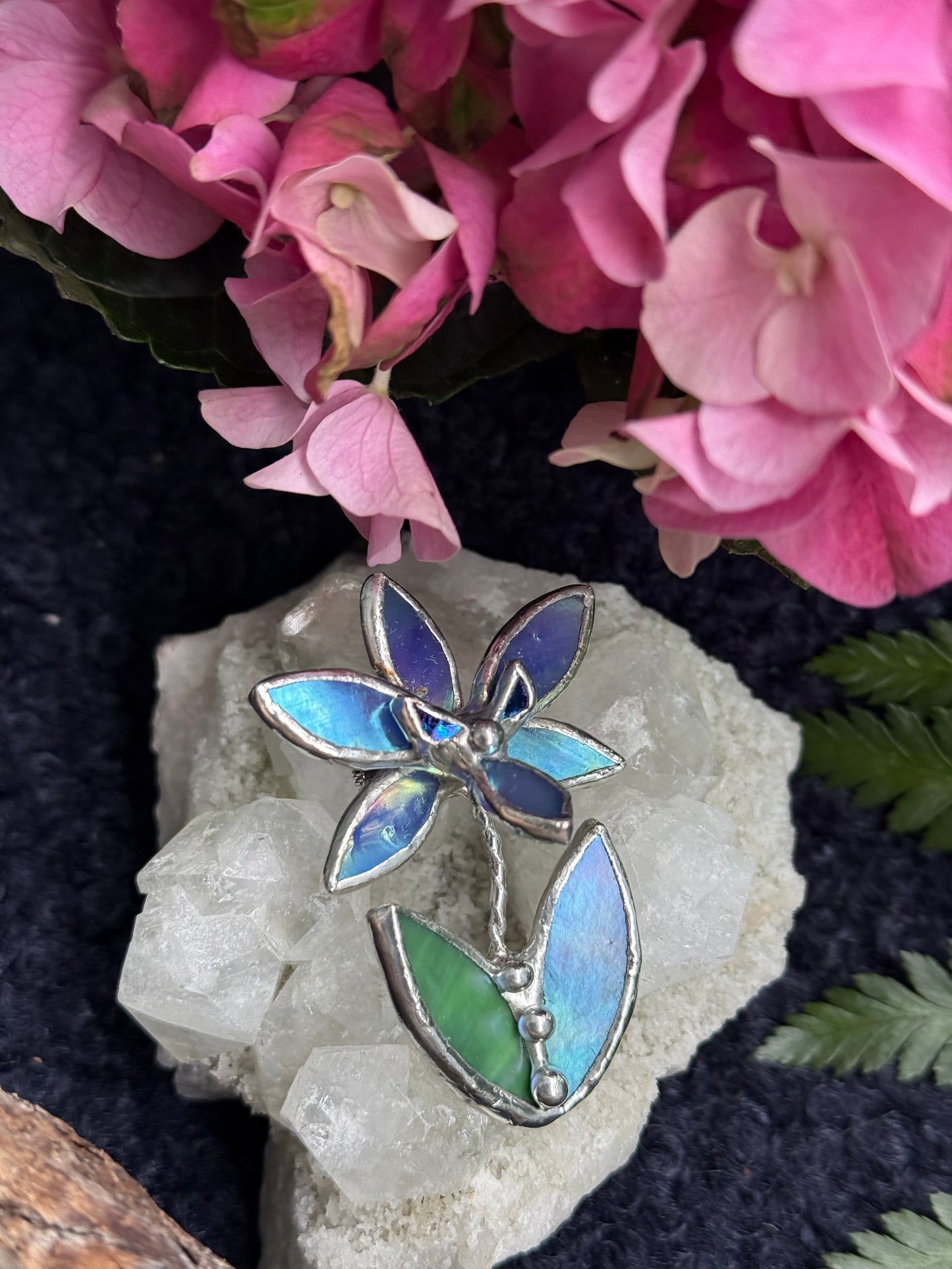 Orchid Blue lumi Brooch Stained Glass Floral Pin, Modern Art Jewelry statement ready new