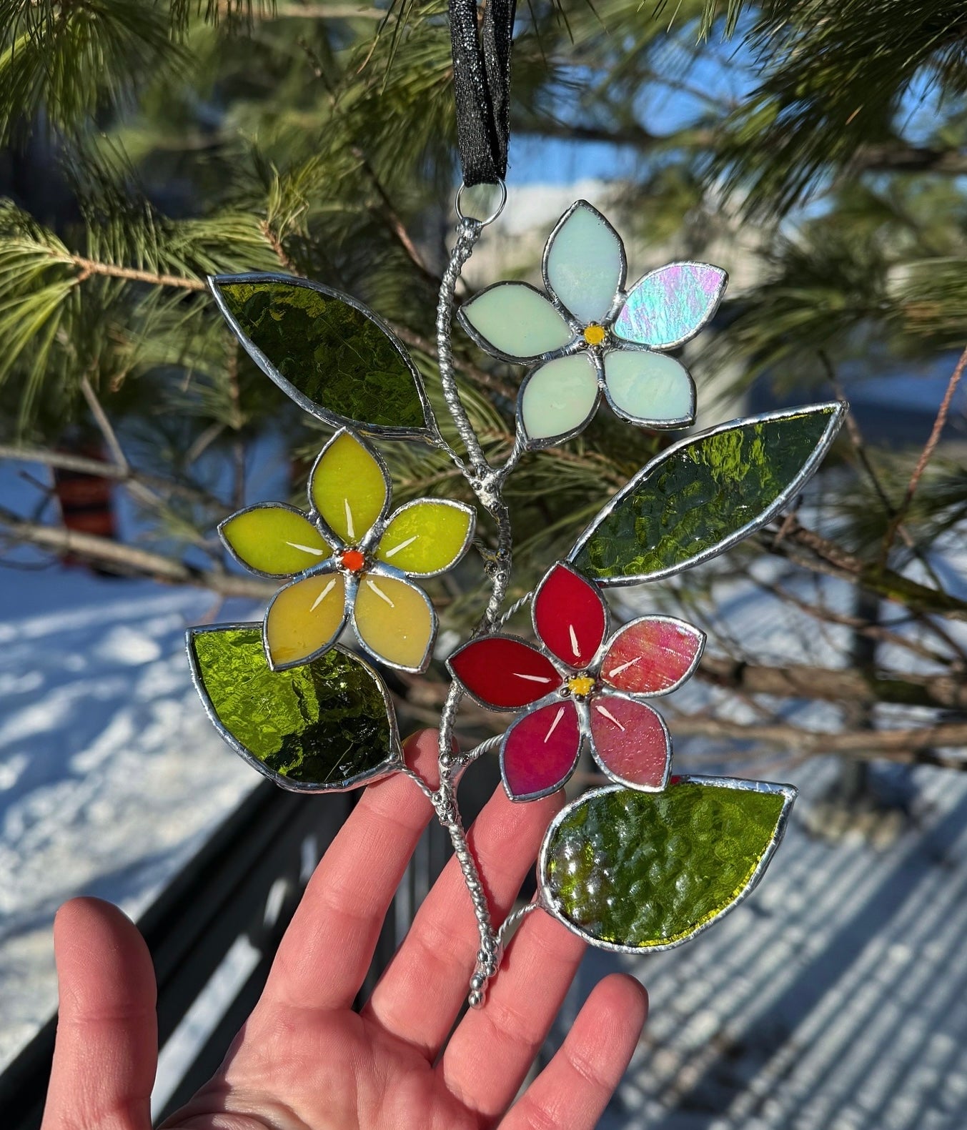 Forget Me Not Artisan Warm Gradient Stained Glass Suncatcher Wall Decor ready