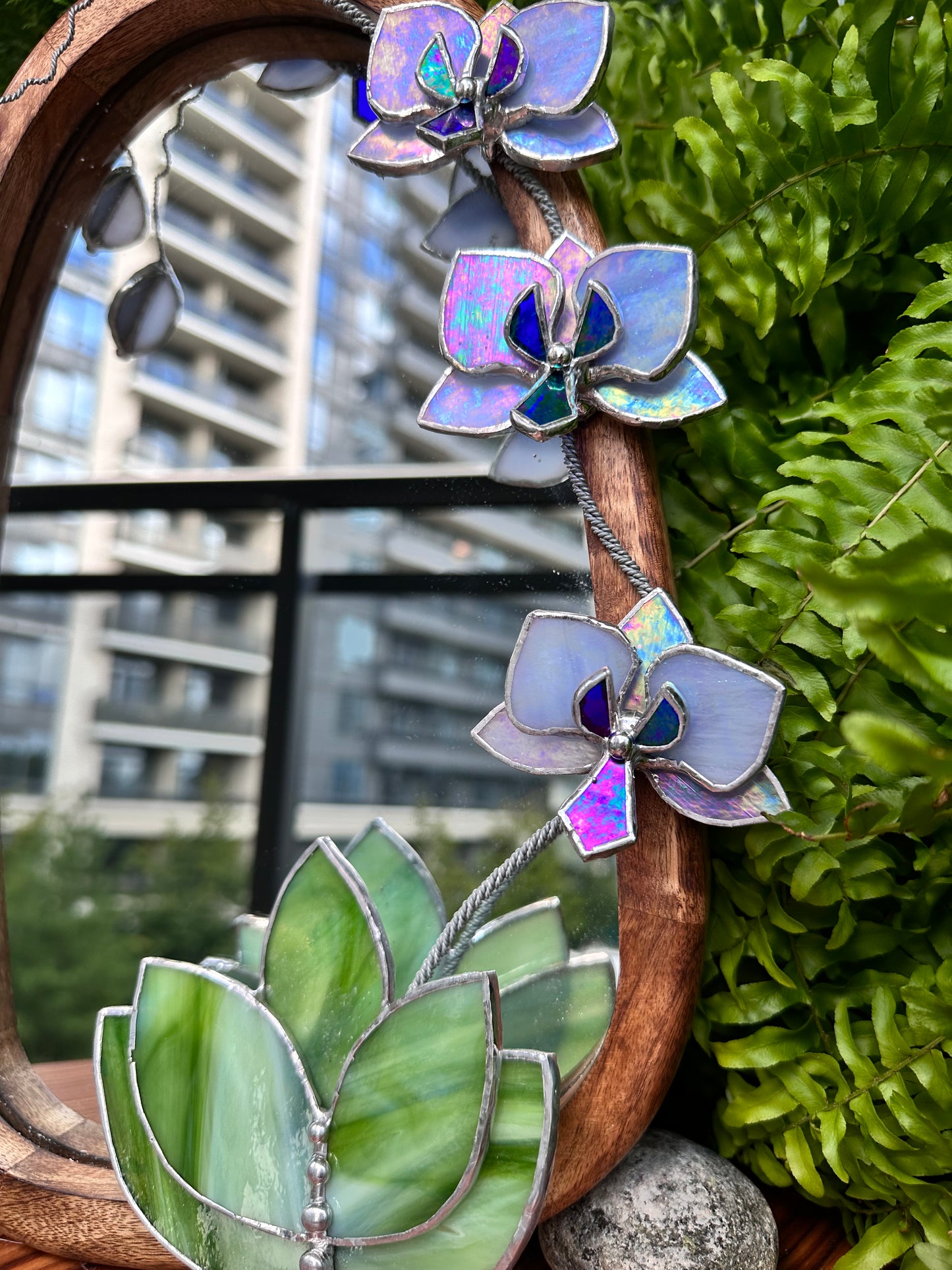 " . Lavender iridescent Orchid Mirror”, Stained glass flower Wall decor, Suncatcher, Home wedding Decor, Christmas gift, available