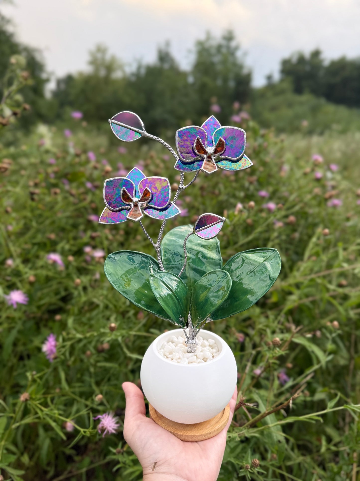 Orchid Indigo iridescent WITH RESIN Hand painted LEAVES Stained Glass 2 flowers in a Pot, Botanical Art Sculpture