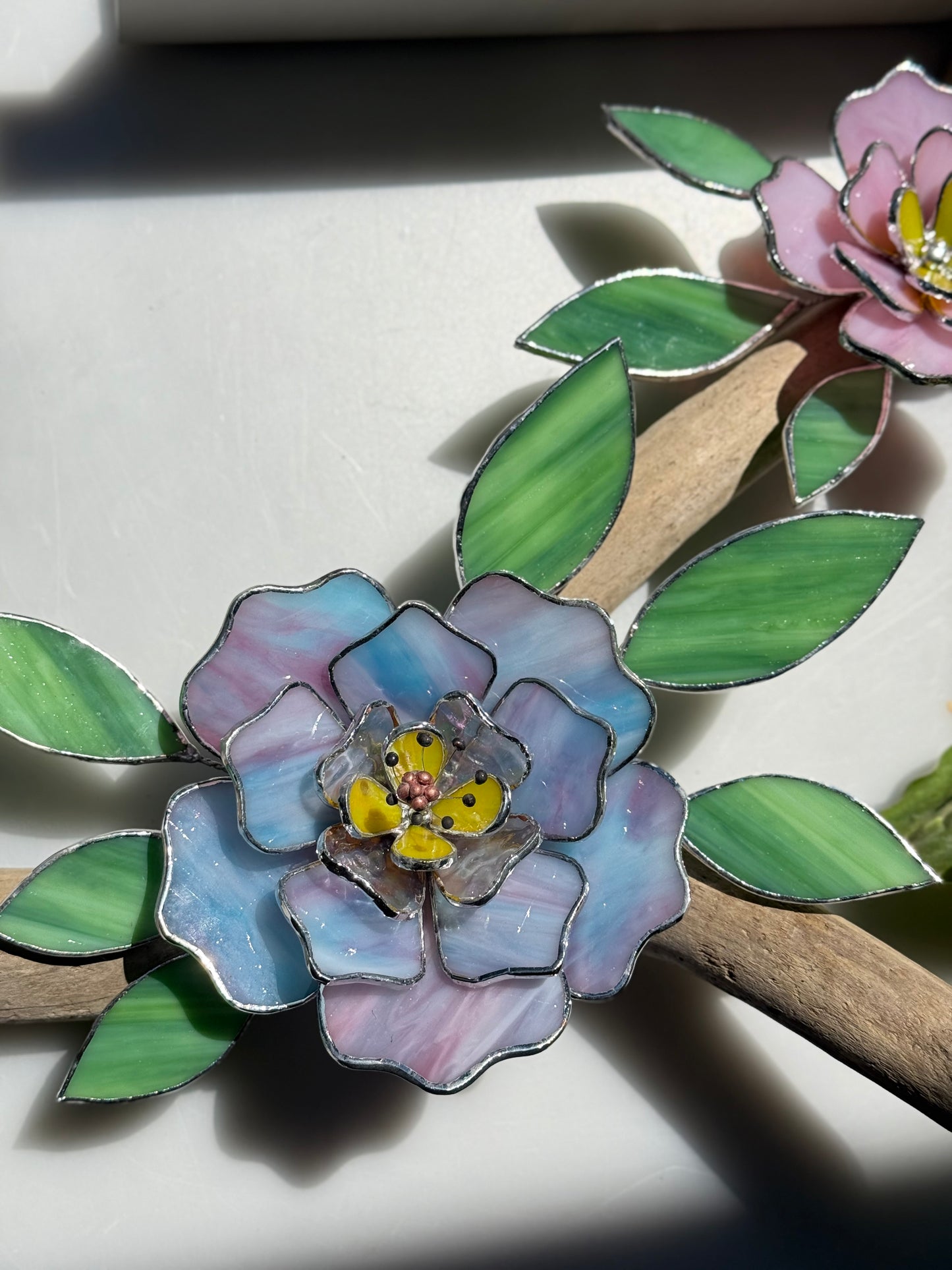.Peonies Stained Glass Driftwood Wall Decor Suncatcher