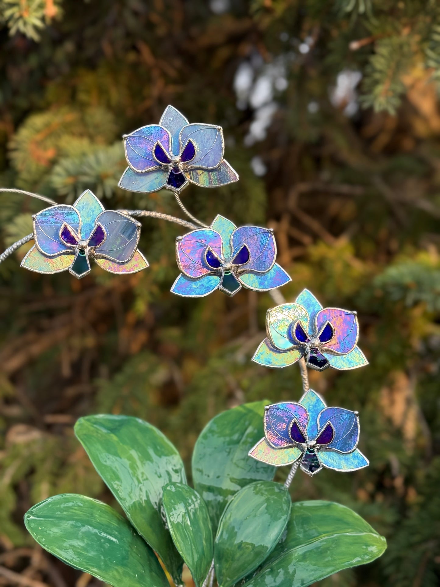 .Blue lavender Orchid, WITH RESIN LEAVES, 5 Flowers, Handmade Stained Glass Botanical Art Decor
