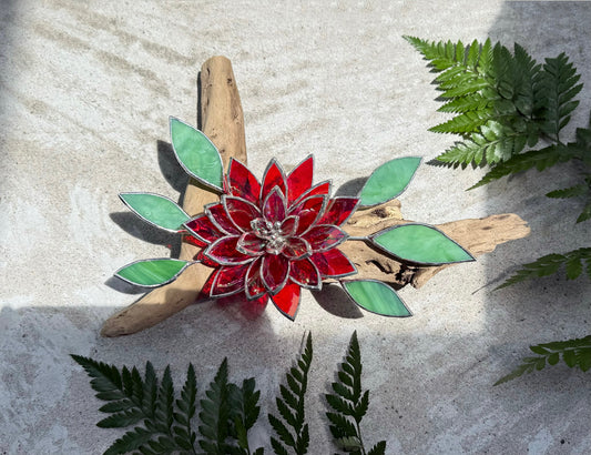.Fire Flower Iridescent Stained Glass Driftwood Wall Decor Suncatcher