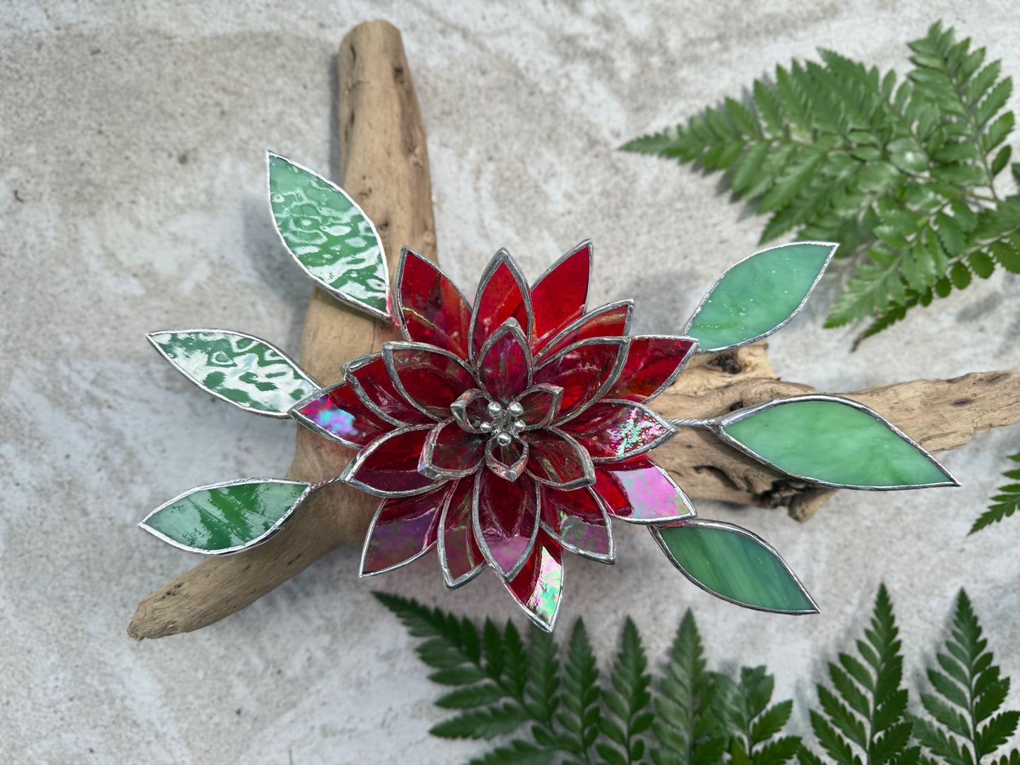 .Fire Flower Iridescent " Stained Glass Driftwood Wall Decor Suncatcher