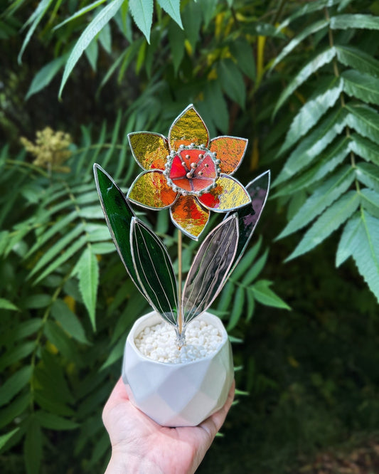 " . Golden Daffodil Flower with pot" Stained glass tropical flower 3D, Sun catcher, Table plant decor, Garden stick, wedding decor, Christmas gift, available