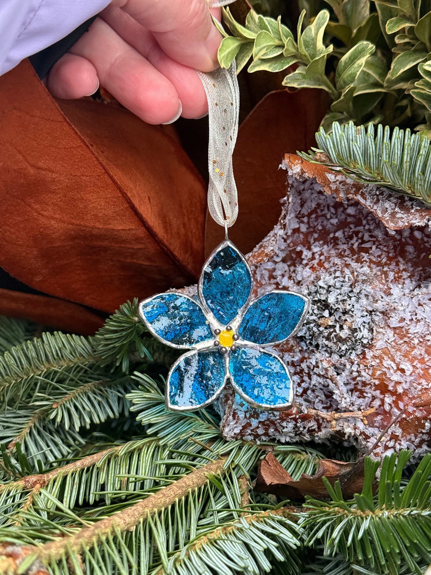 Forget Me Not Stained Glass Ornament Blue, Handmade Floral Suncatcher
