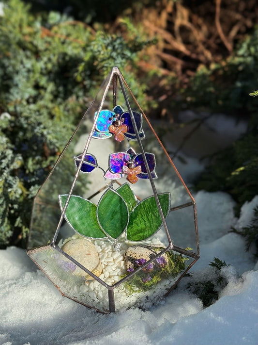 .CHOOSE FLOWER TYPE Geometric Terrarium with Stained Glass Plant Decor