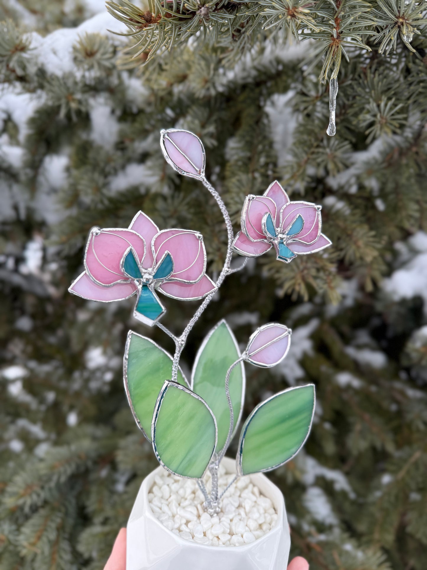 " . Bright Pink Orchid, 2 flowers with pot” Stained glass tropical flower 3D, Sun catcher, Table plant decor, Garden stick, Outdoor and gardening decor