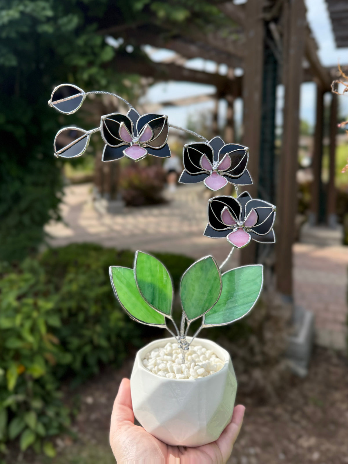 Black Pink Orchid 3 flowers with pot, Stained glass tropical flower, Sun catcher