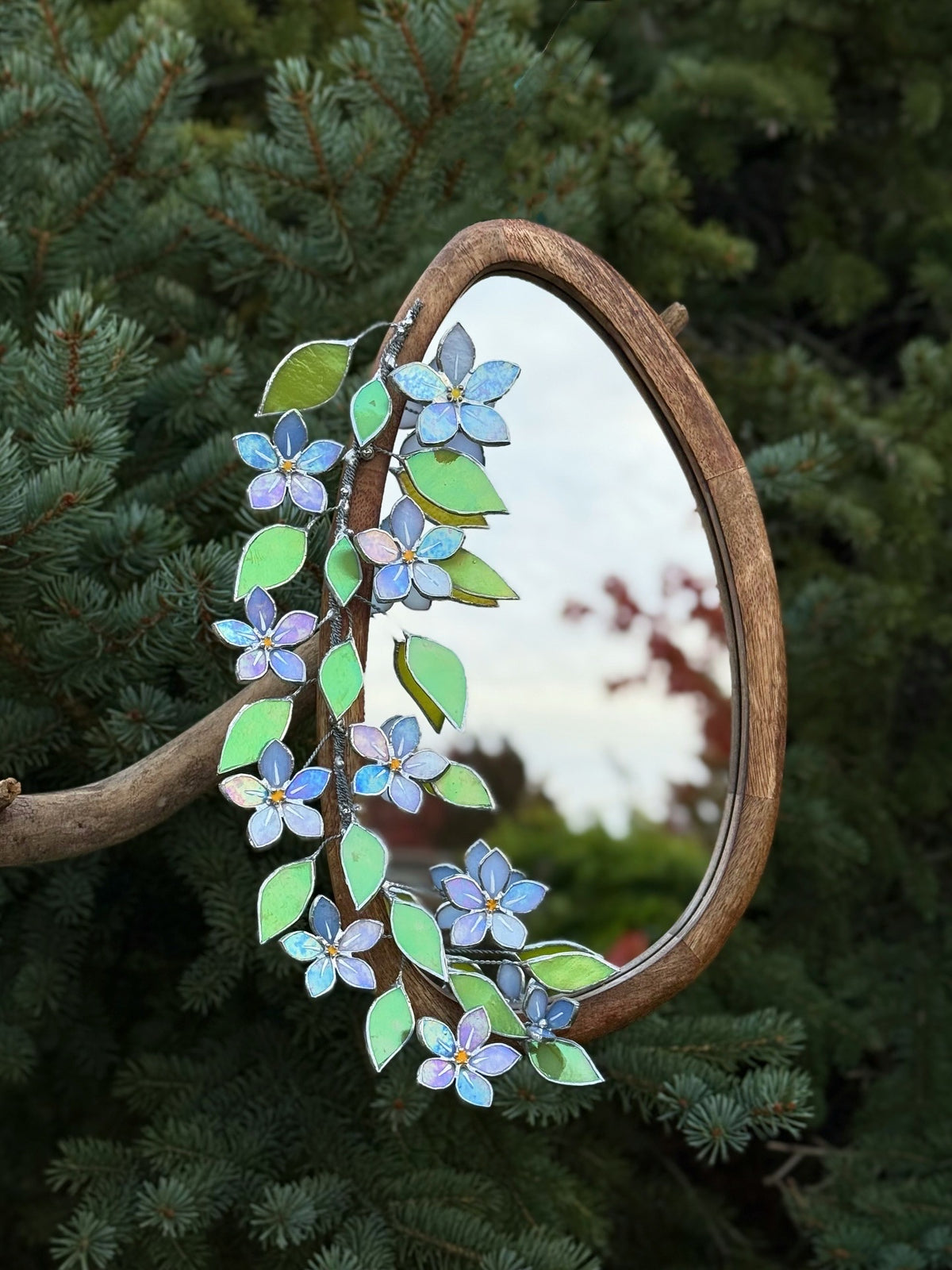 Forget Me Not iridescent Stained glass Flower Mirror, 3D Botanical Floral Wall Art ready new