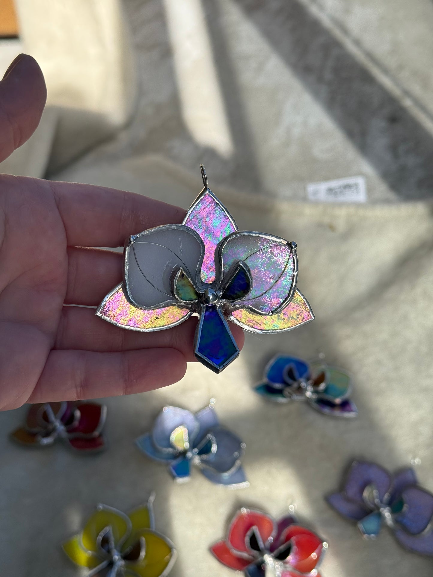" . Orchid flower White pearl irid, Stained glass Decorative ORNAMENT, Christmas decoration, Suncatcher