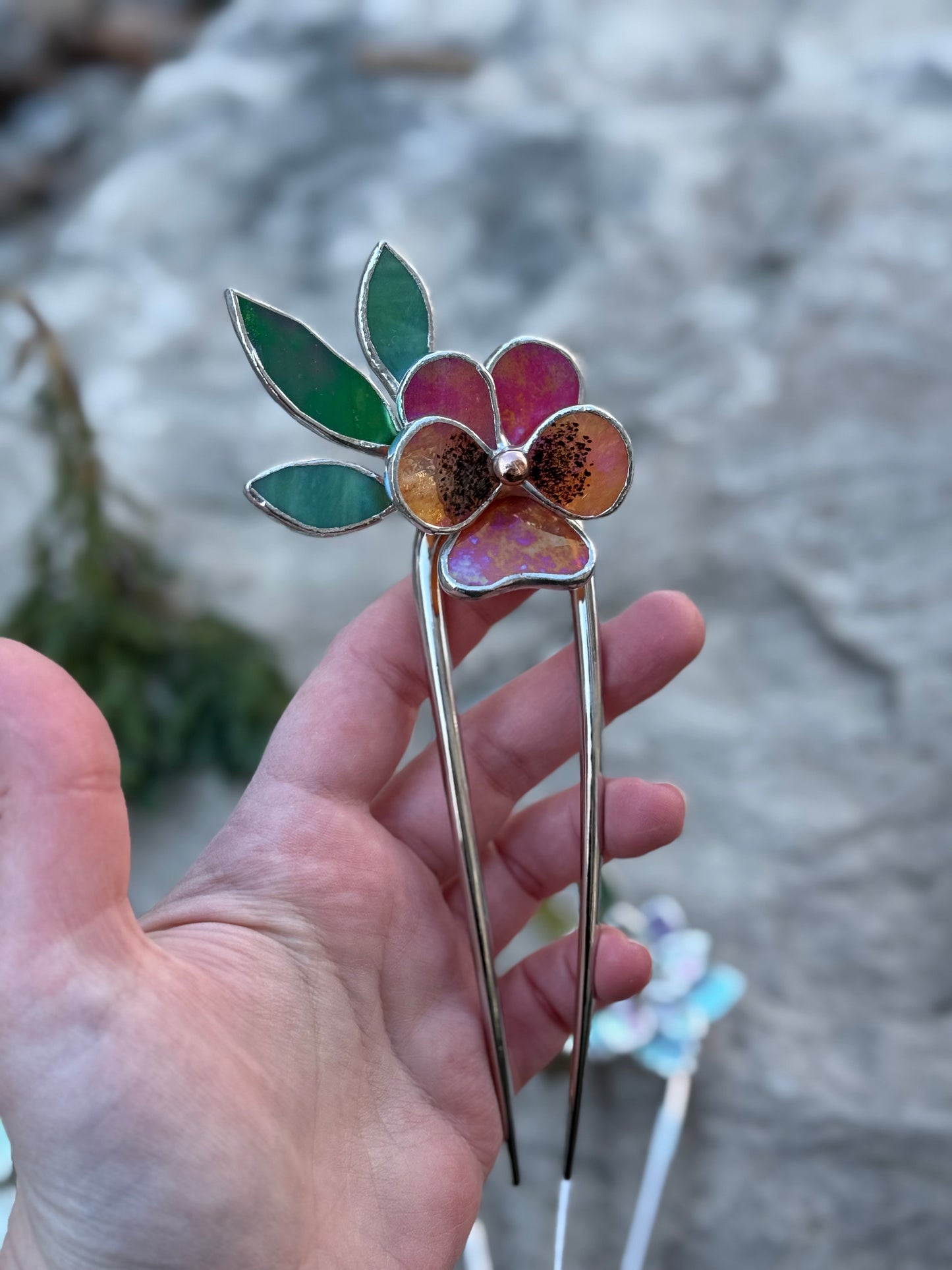 .Hair Pin Stained Glass Pansy Flower CHOOSE COLOR Handmade Floral Accessories