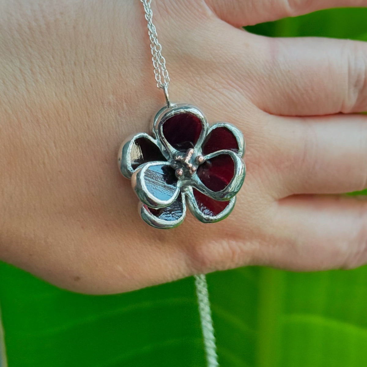 Chocolate Cosmos Flower Stained Glass Necklace, Handmade Botanical Jewelry