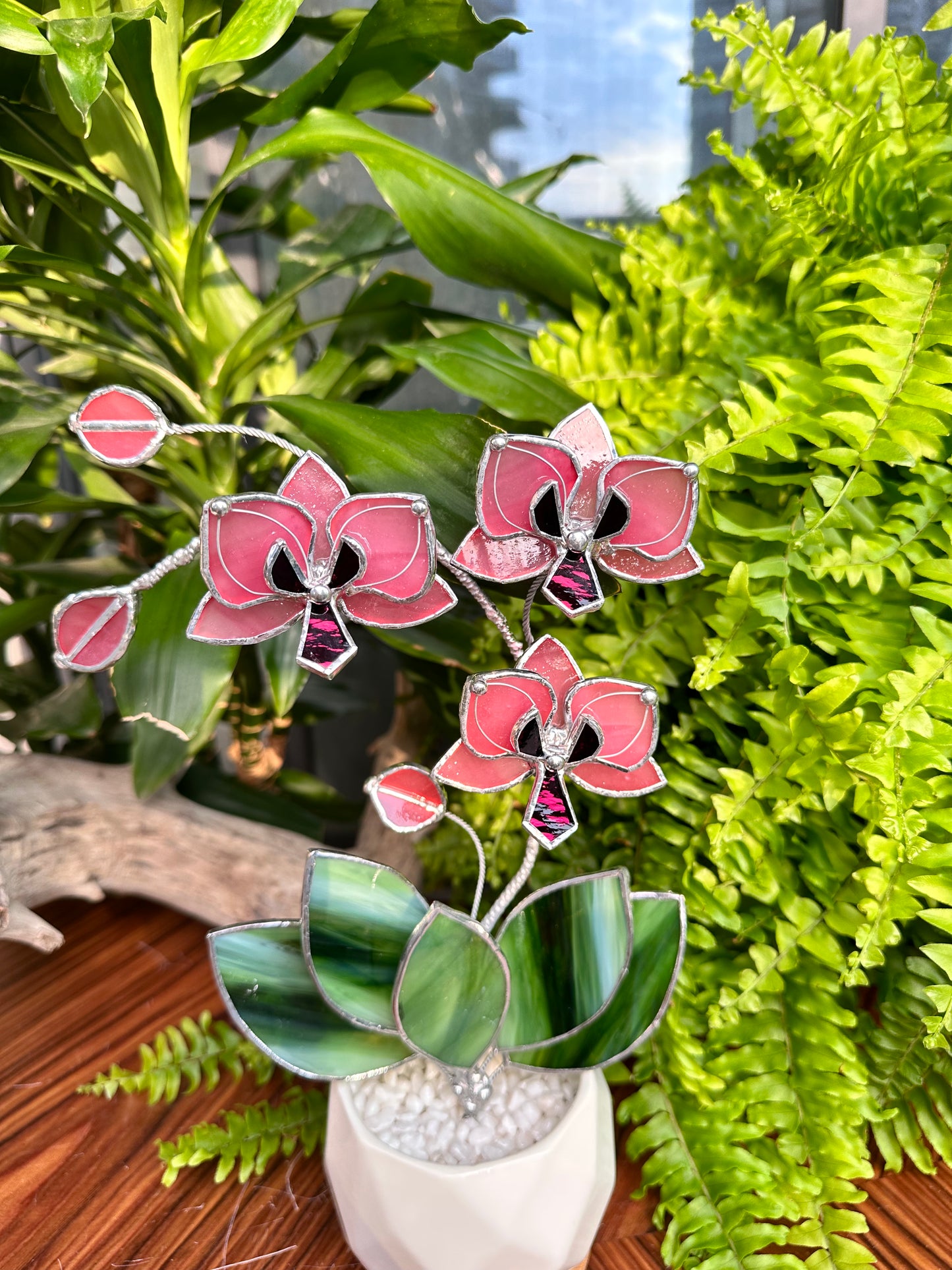 ". Baby Pink Orchid 3 flowers with pot” Stained glass tropical flower 3D, Sun catcher, Table plant, Garden stick, Outdoor and gardening decor