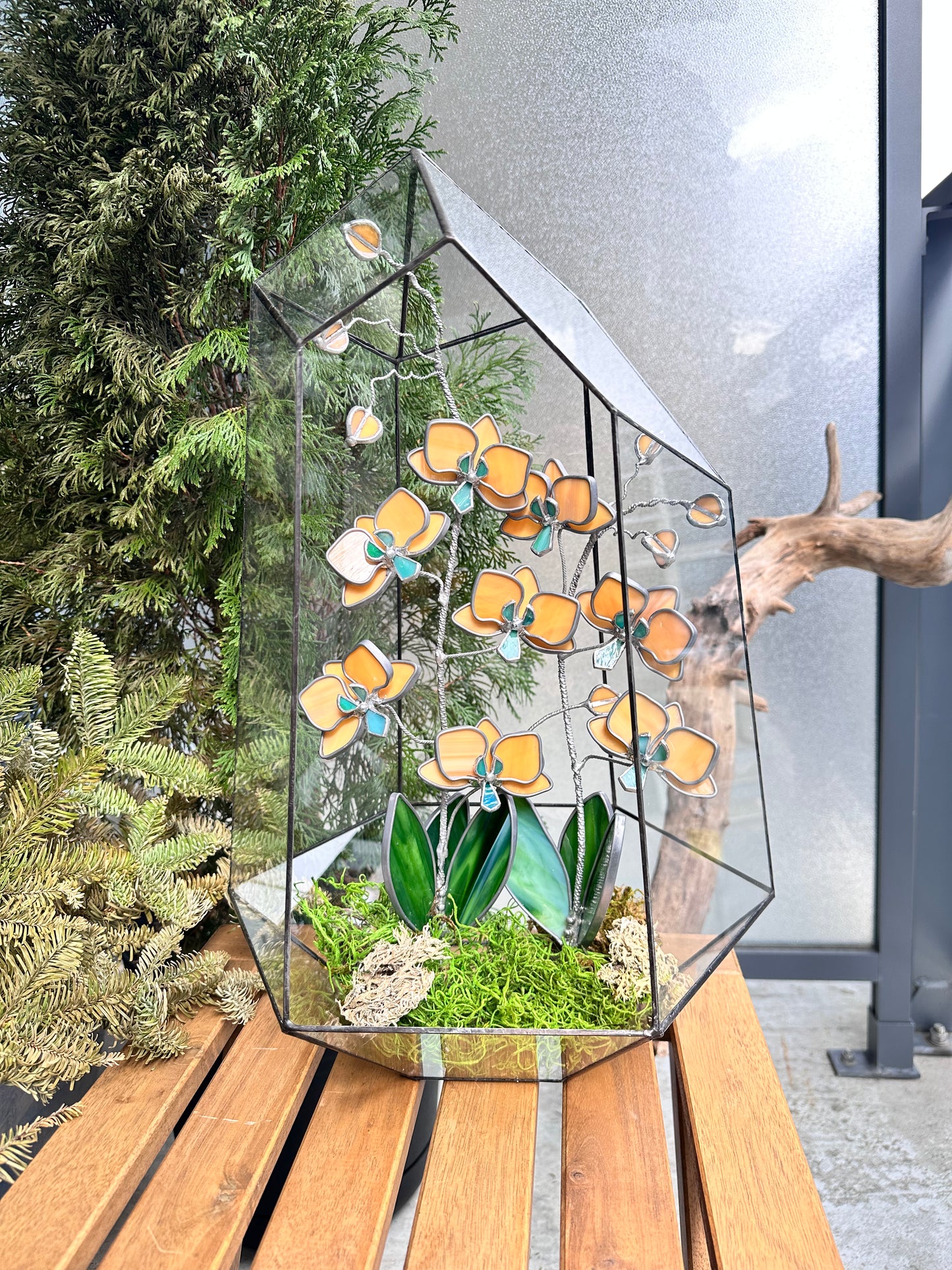 " .Geometric glass 3D terrarium Asymmetrical with stained glass orchids. Wedding glass decor, Mother’s Day  gift, glass art, suncatcher, succulents, cacti