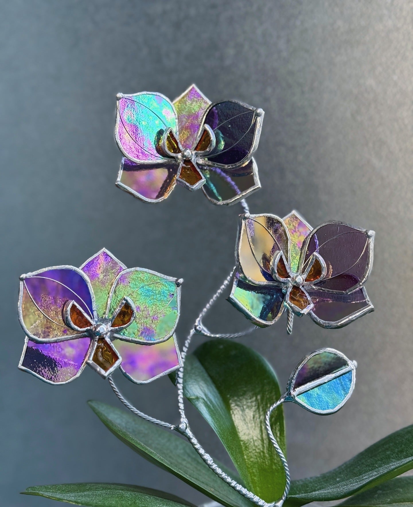 " . Butterfly orchid Purple transparent irid flower stick, Plant stake 3 flowers no pot” Stained glass flower, Table plant, Garden stick