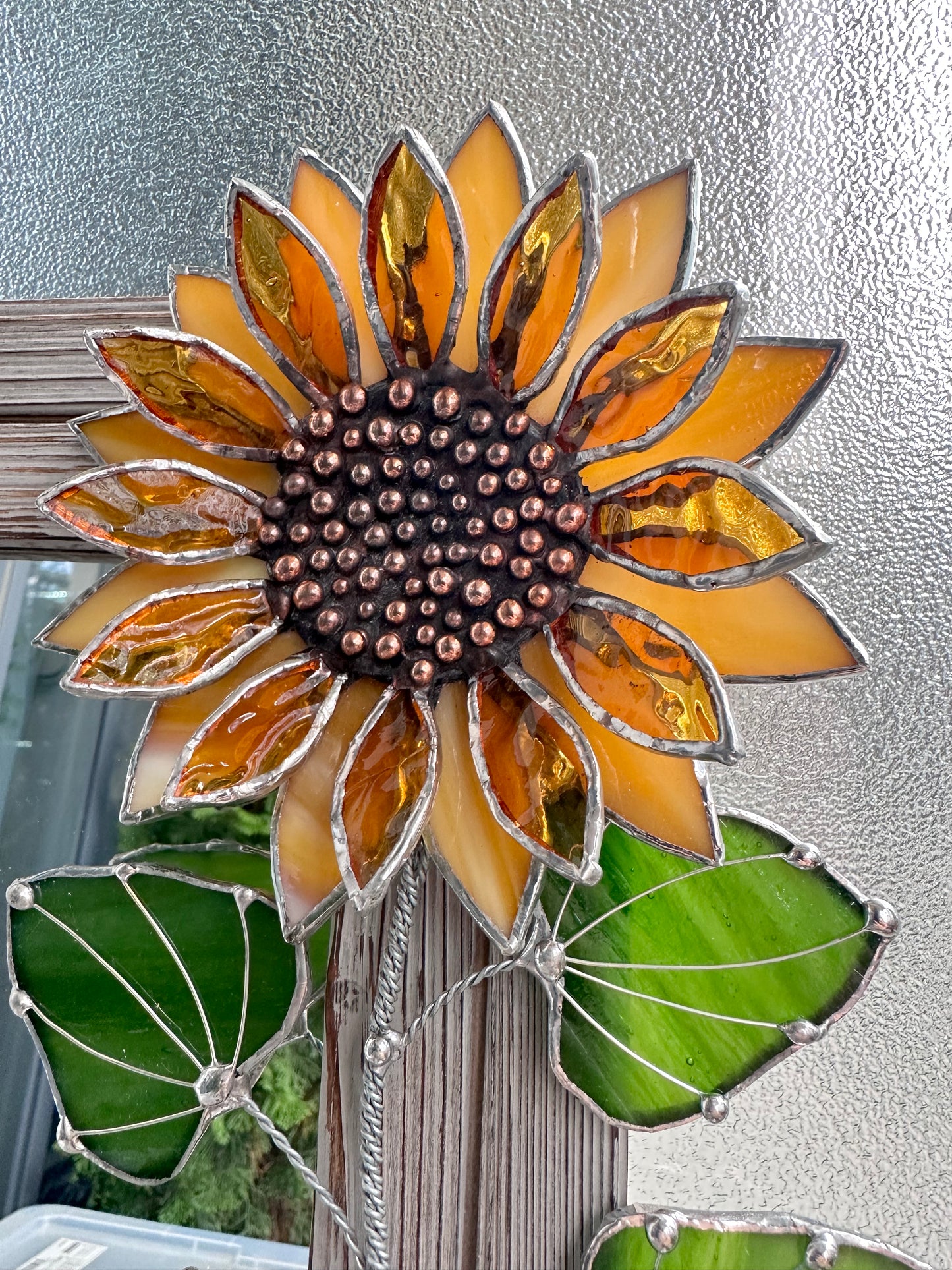 "Golden Sunflower" Stained glass flower Mirror, wall decor Art, Wedding, Christmas, gift Decoration Glass flowers Succulents