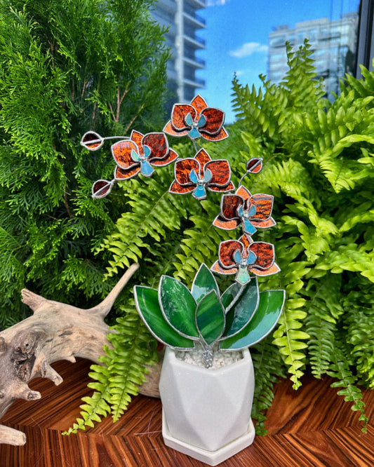 ". Amber silvercoat Orchid 5 flowers with pot" Stained glass tropical flower 3D, Sun catcher, Table plant, Garden stick, wedding decor, Christmas gift