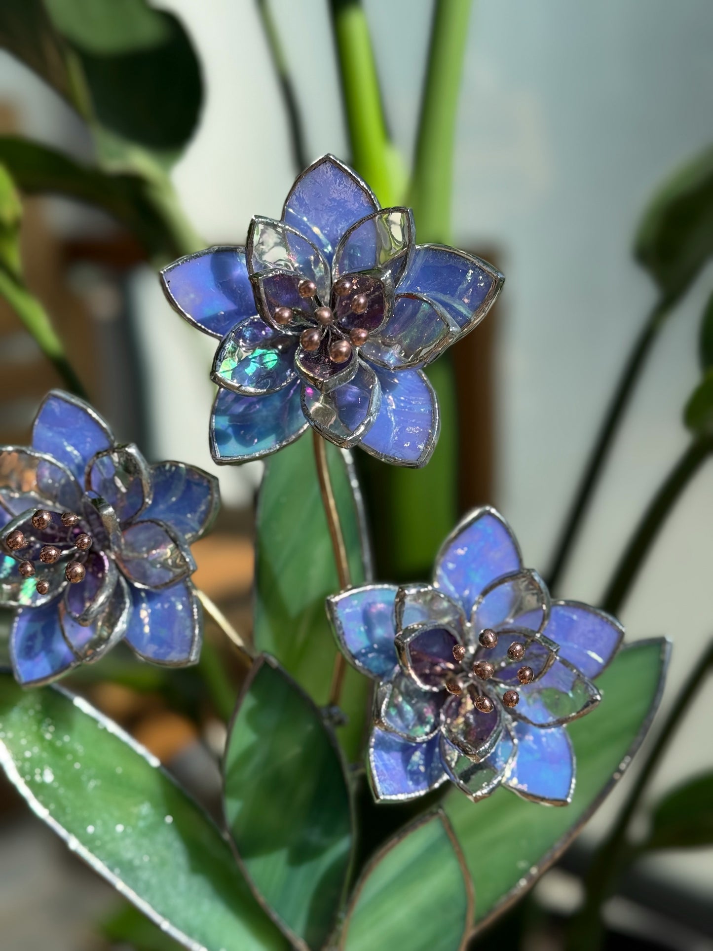 .Blue Iridescent Wildflower Stained glass Handcrafted Floral Home Decor new