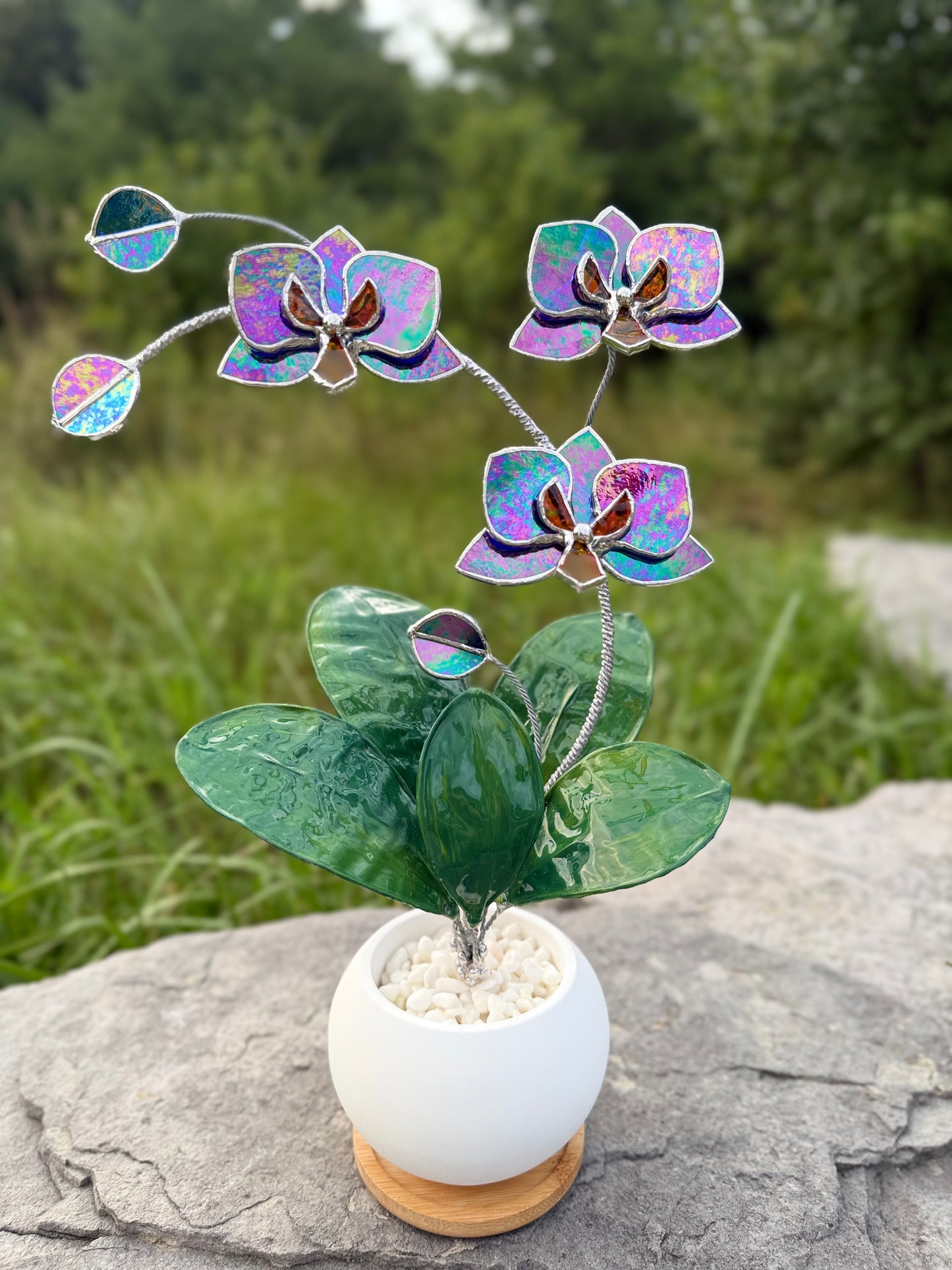 Orchid Indigo Iridescent Stained Glass WITH Hand Painted RESIN LEAVES, 3 Flowers, Botanical Table Decor