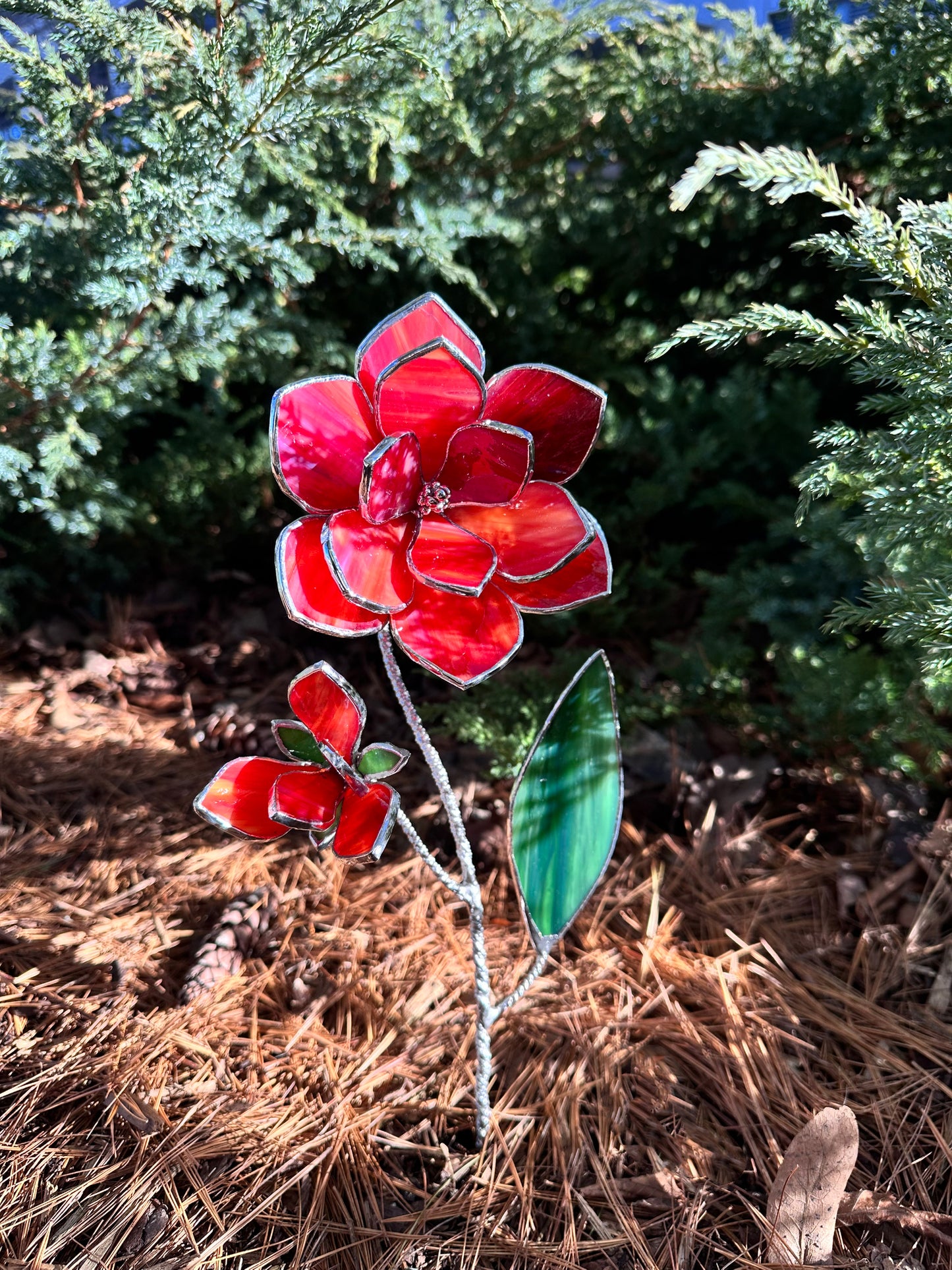 ".Magnolia Bright Red & Amber with bud" Stained glass tropical flower Suncatcher Iridescent 3D, Table plant cactus decor, Home Garden stake, Mother’s Day gift, Outdoor and gardening, pot