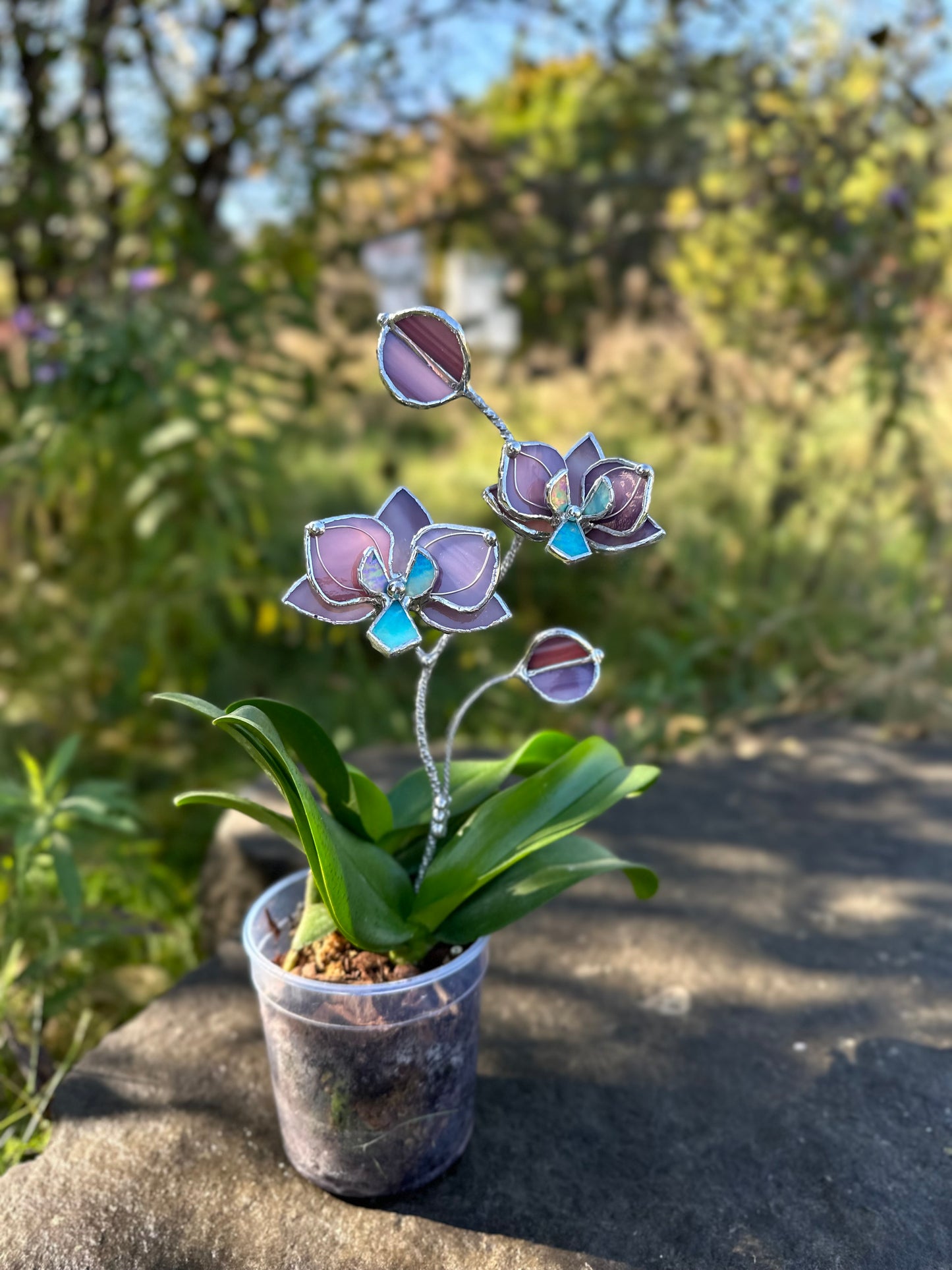 " . Dusty Rose Orchid flower stick, Plant stake 2 flowers no pot” Stained glass tropical flower 3D, Sun catcher, Table plant, Garden stick, Outdoor and gardening decor