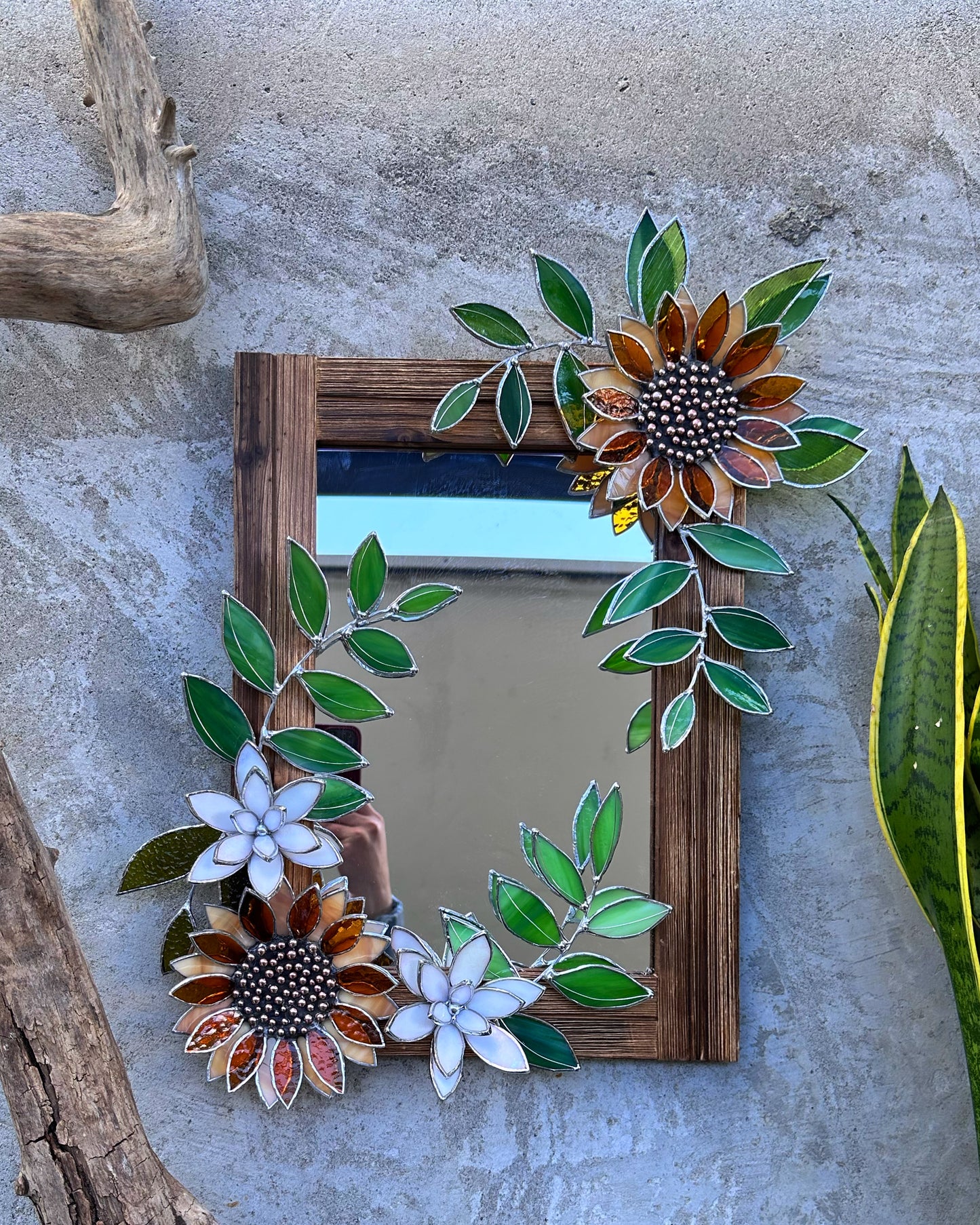 " . Golden Sunflower garden" Stained glass flower Mirror wall decor Art, Wedding, Christmas, gift Decoration Glass flowers Succulents